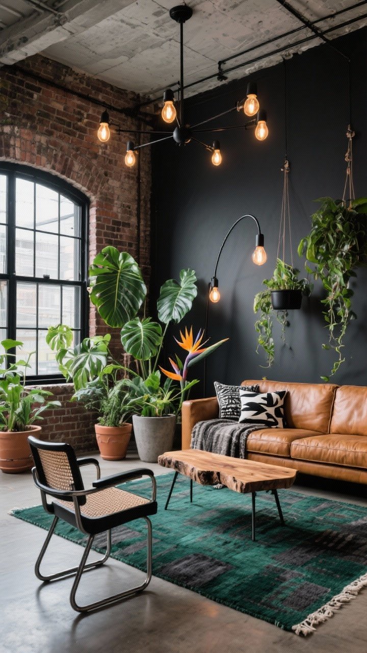Wide shot from a loft corner angle: Jungle Loft Eclectic living space with industrial shell—exposed brick and matte black window frames, or a painted charcoal accent wall. Floor anchored by a hand-knotted rug in deep emerald and charcoal. Low mid-century-inspired cognac leather sofa with a vintage textile throw and graphic black-and-white pillows. Dramatic plant layering: monstera, bird of paradise, philodendron, and trailing pothos in terra-cotta, concrete, and black metal planters, including ceiling hangers. Live-edge wood coffee table with iron legs; pair of sculptural black metal side chairs with woven seats. Lighting: multi-arm black chandelier overhead, slim arc floor lamp, warm Edison bulbs for glow. Moody yet alive, greenhouse-meets-loft energy, photorealistic, no people.