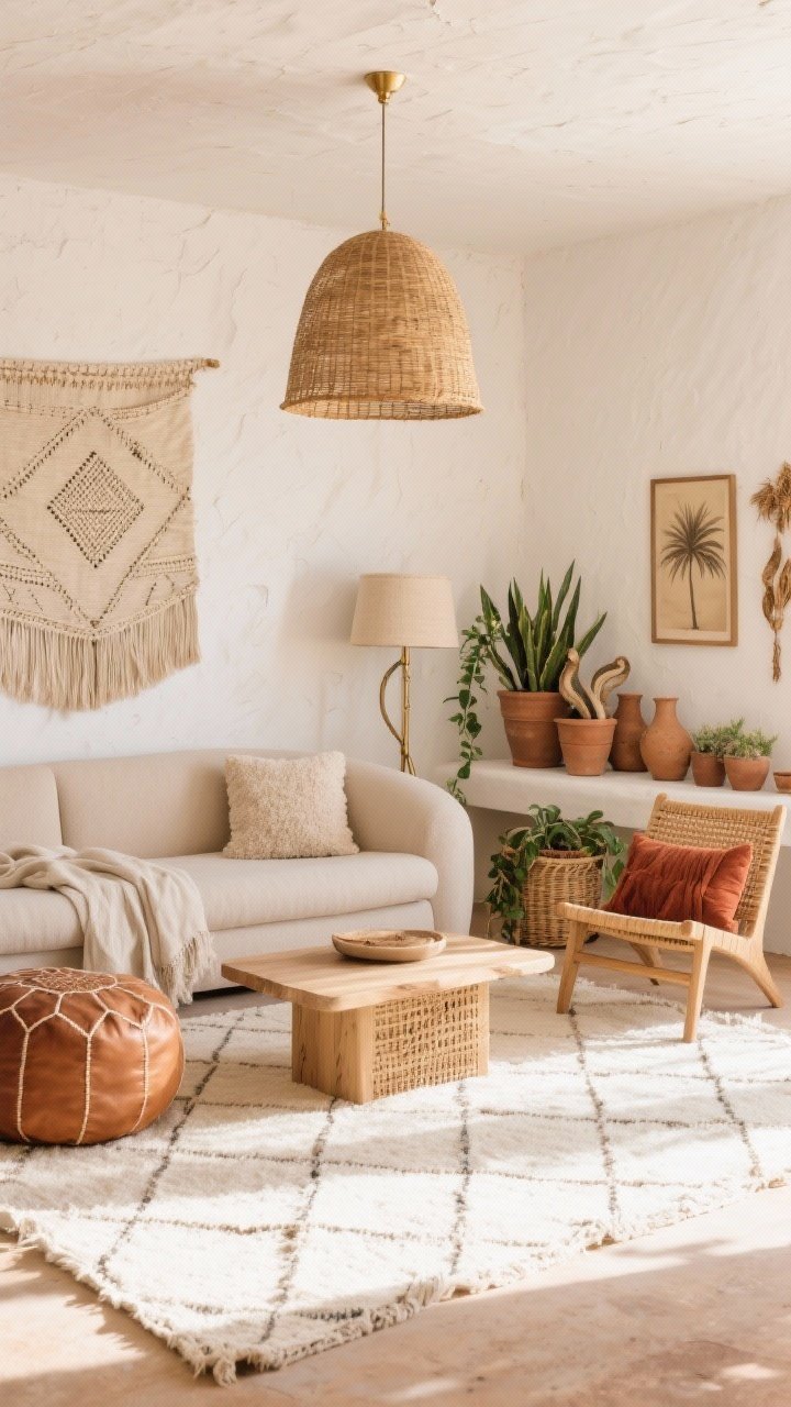 Wide shot, straight-on view: A sun-drenched boho living room in Desert Nomad Neutrals with sandy beige and warm white palette, soft clay accents. Textured plaster/limewash wall behind a curved oatmeal linen sofa topped with a bouclé pillow and raw cotton throw; low-pile Moroccan-style cream rug with subtle diamond pattern; chunky raw-edge light oak coffee table; rattan/cane lounge chair; slim-legged ash console. Rust-colored throw and terracotta cushions add warmth. Decor: unglazed ceramics, cluster of terra-cotta planters with snake plants and trailing pothos, big woven basket for throws. Large neutral woven wall hanging over sofa. Lighting: rattan dome pendant overhead, brass floor lamp with linen shade. Include a leather pouf in camel and a gallery ledge with dried palms and sepia prints. Airy, calm, Joshua Tree afternoon glow, no people, photorealistic.