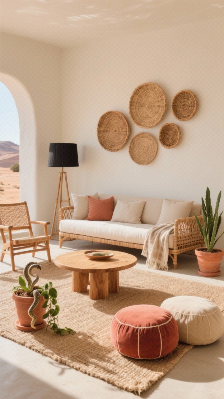 Wide shot, Sun-Washed Desert Living Room: A bright, airy living room bathed in warm afternoon light with a low-profile rattan sofa with neutral cushions, flanked by two wood-and-cane armchairs; color palette of sand, clay, terracotta with pops of sun-bleached coral; a flatwoven jute rug anchors the space; a round mango wood coffee table with soft edges at center; oversized floor cushions in muted rust and biscuit beige on the rug; terra-cotta planters with a snake plant and a trailing pothos; woven wall baskets arranged asymmetrically above the sofa; a matte black linen drum floor lamp grounding the sandy tones; a cotton throw that looks sun-faded draped casually on the sofa; photorealistic, straight-on perspective, soft natural light with gentle shadows, no people.