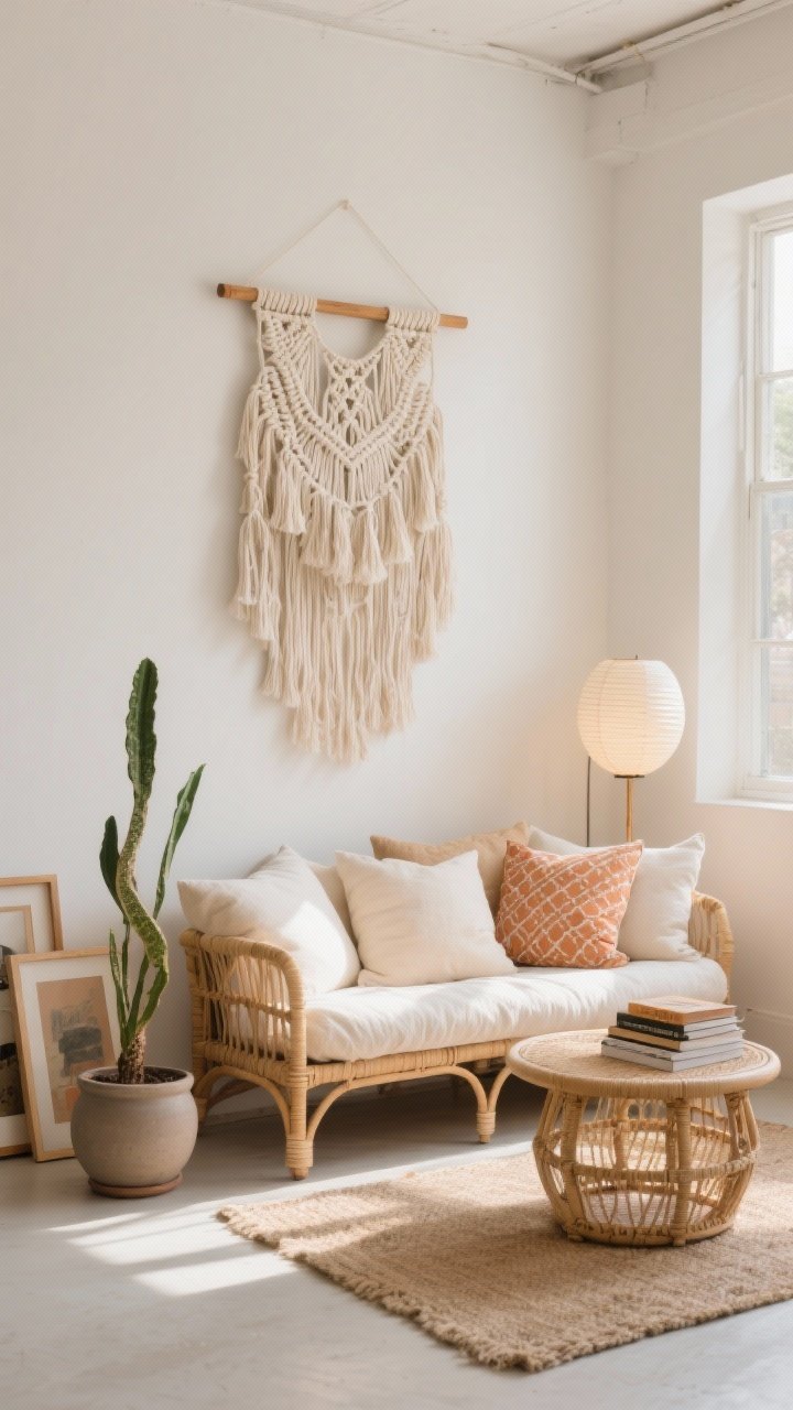 Wide, sunlit corner of a boho studio: a creamy, unbleached cotton macrame “tassel bloom” wall hanging with layered short-over-long fringe on a natural wooden dowel as the focal point; below it a low rattan daybed piled with oversized pillows in sand, warm white, and pale terracotta plus one patterned lumbar; round wicker side table holding a small stack of art books; matte ceramic pot with a tall snake plant adding vertical greenery; leaning light-oak frames on the floor; soft glow from a paper lantern floor lamp; jute rug underfoot; textures of linen, rattan, raw cotton, and matte ceramics; airy, minimal styling; natural daylight streaming in, photorealistic, straight-on wide shot.