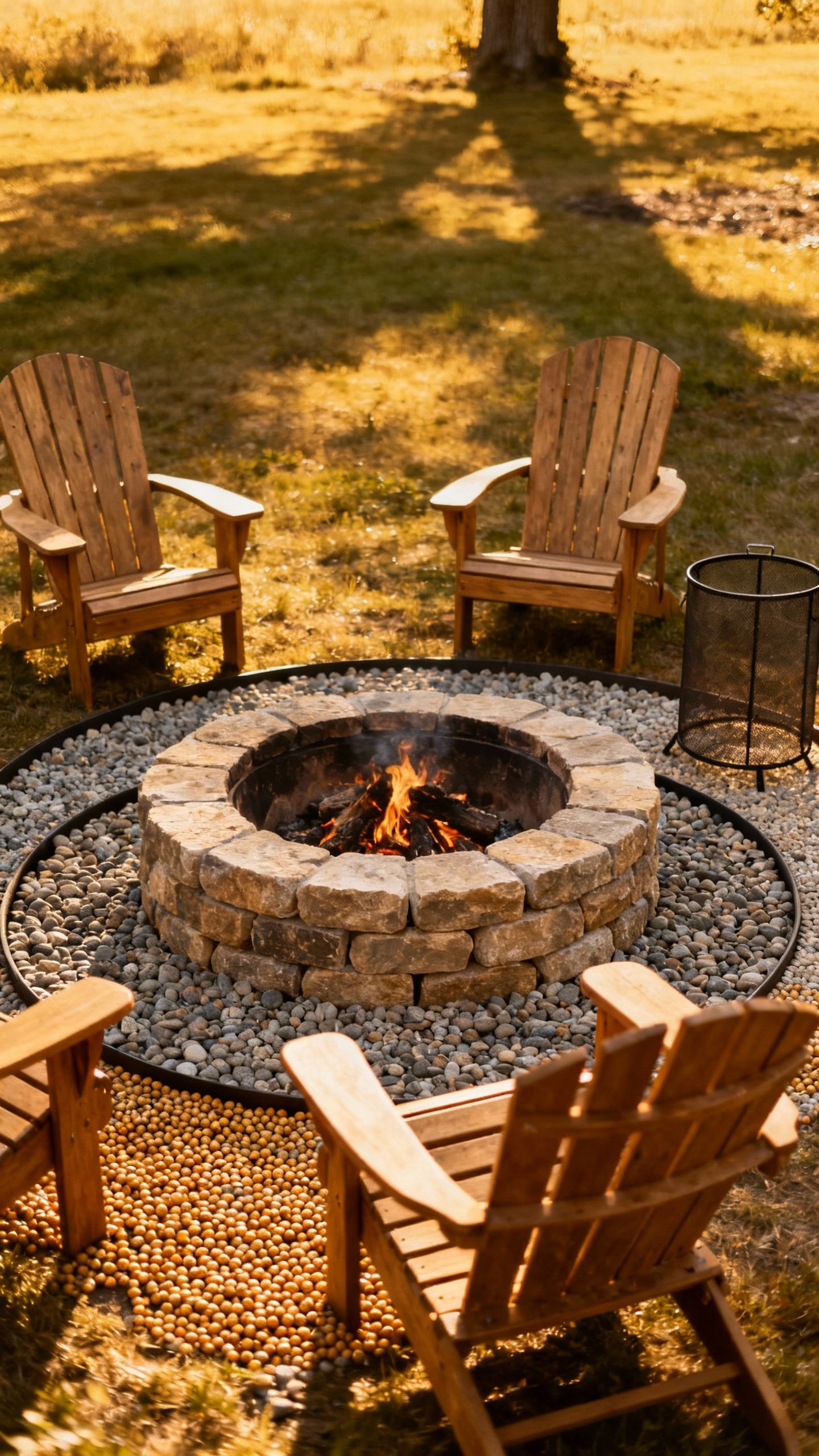Adirondack chairs around stone ring fire pit, pea gravel ring, spark screen nearby