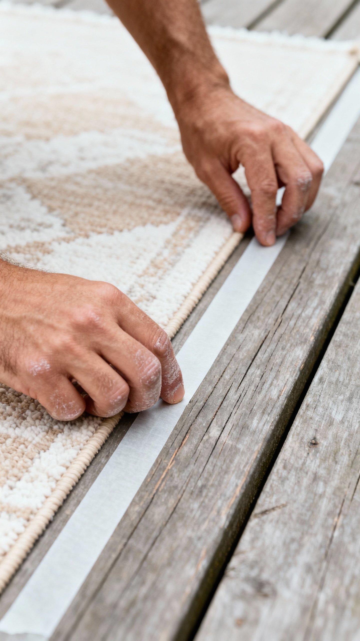 Closeup hands placing painter’s tape rug outline on deck