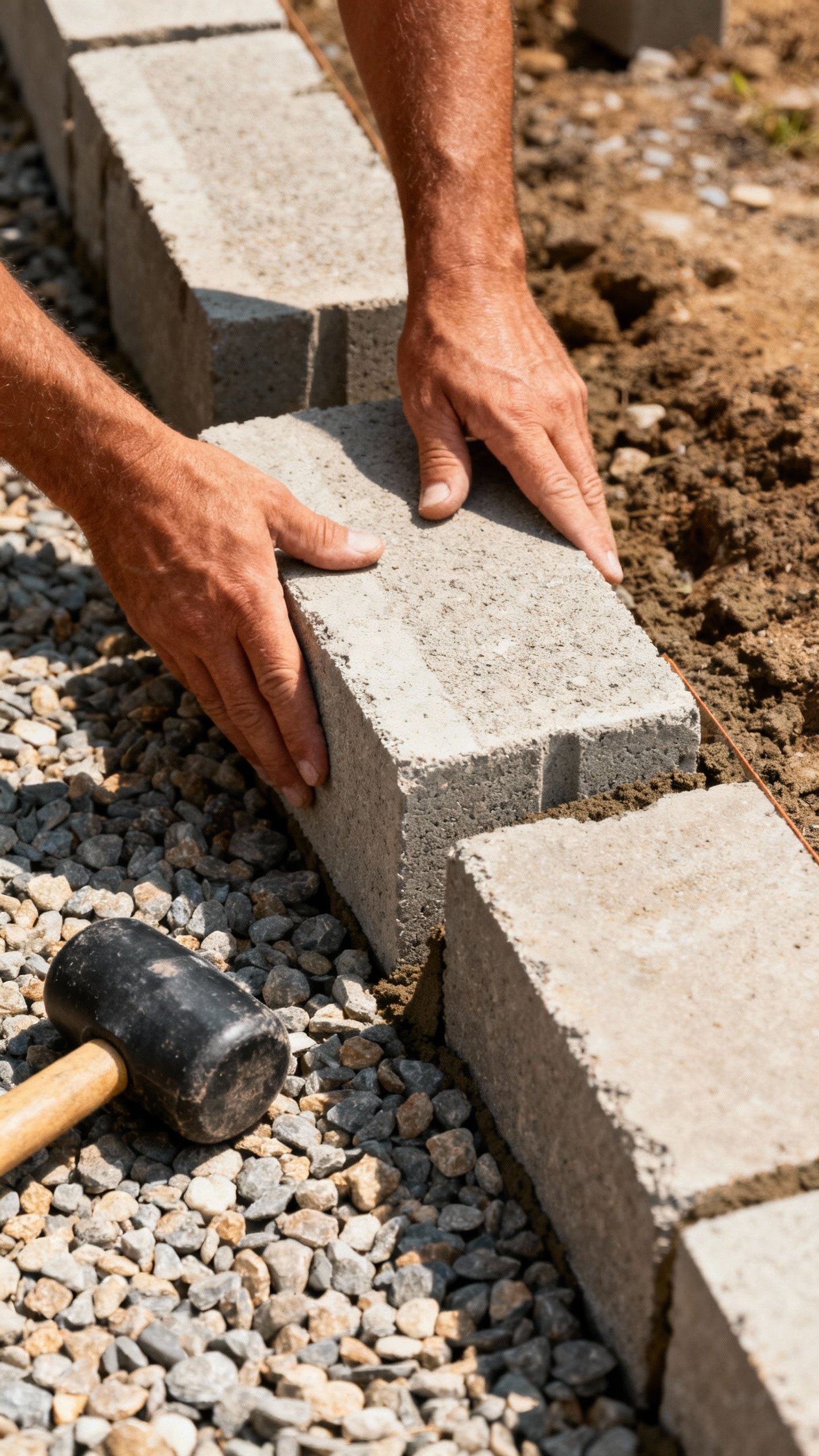 Closeup of hands leveling retaining wall blocks, gravel base, rubber mallet