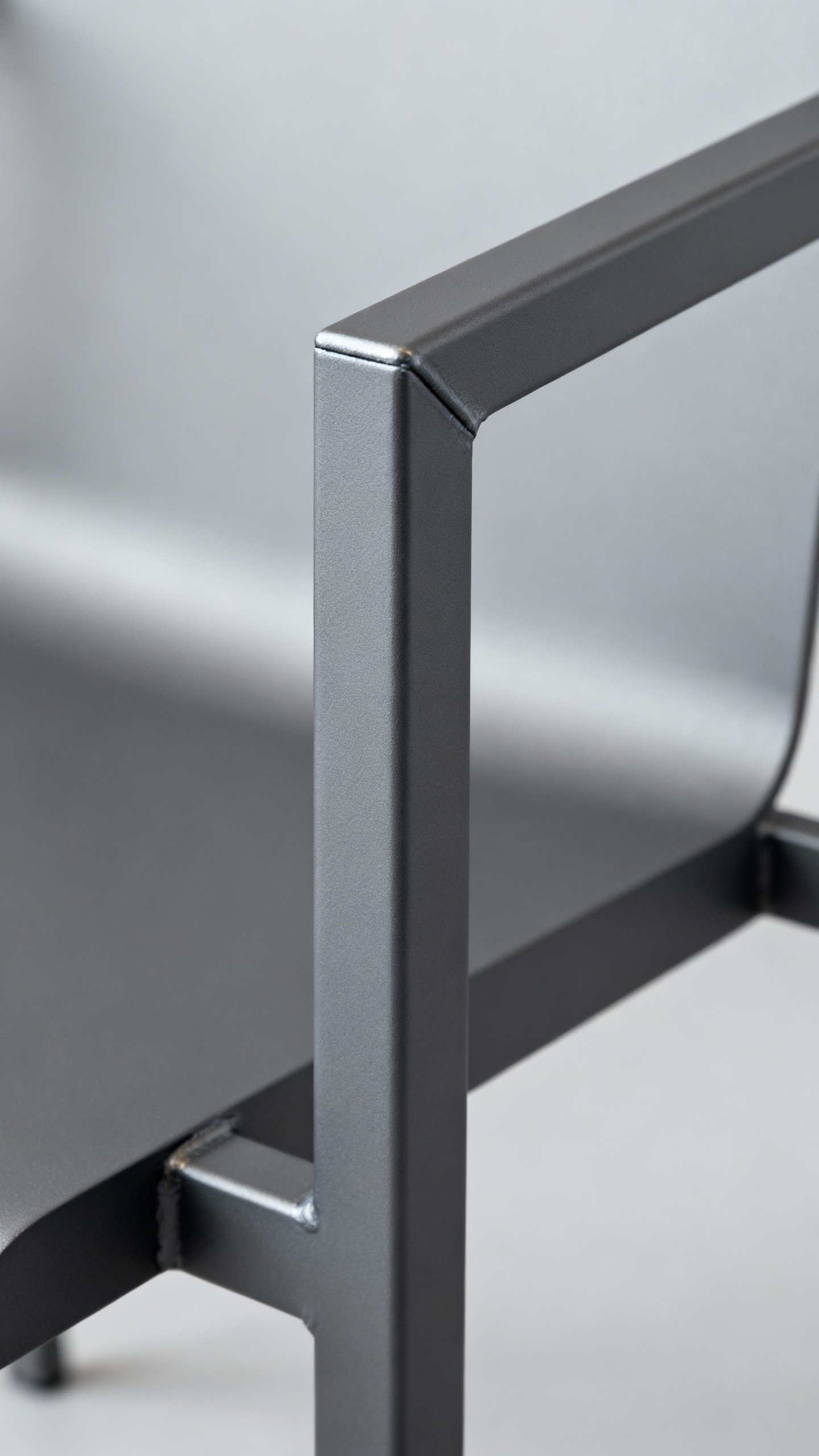 Closeup of powder-coated steel chair arm, charcoal finish, smooth welds