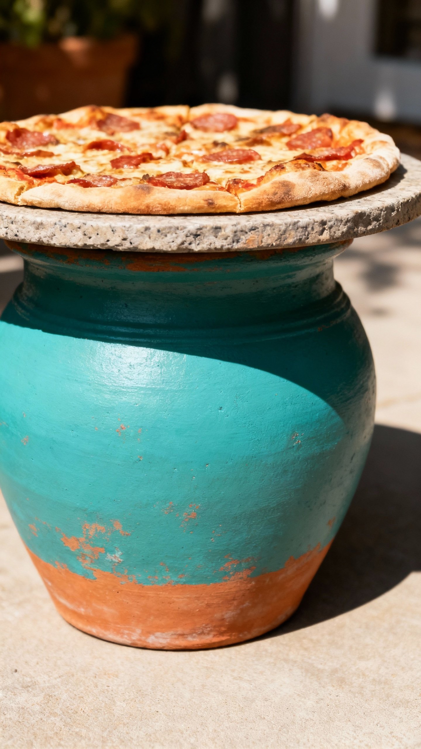 Closeup of terracotta pot side table with pizza stone top, painted teal, sunlit texture