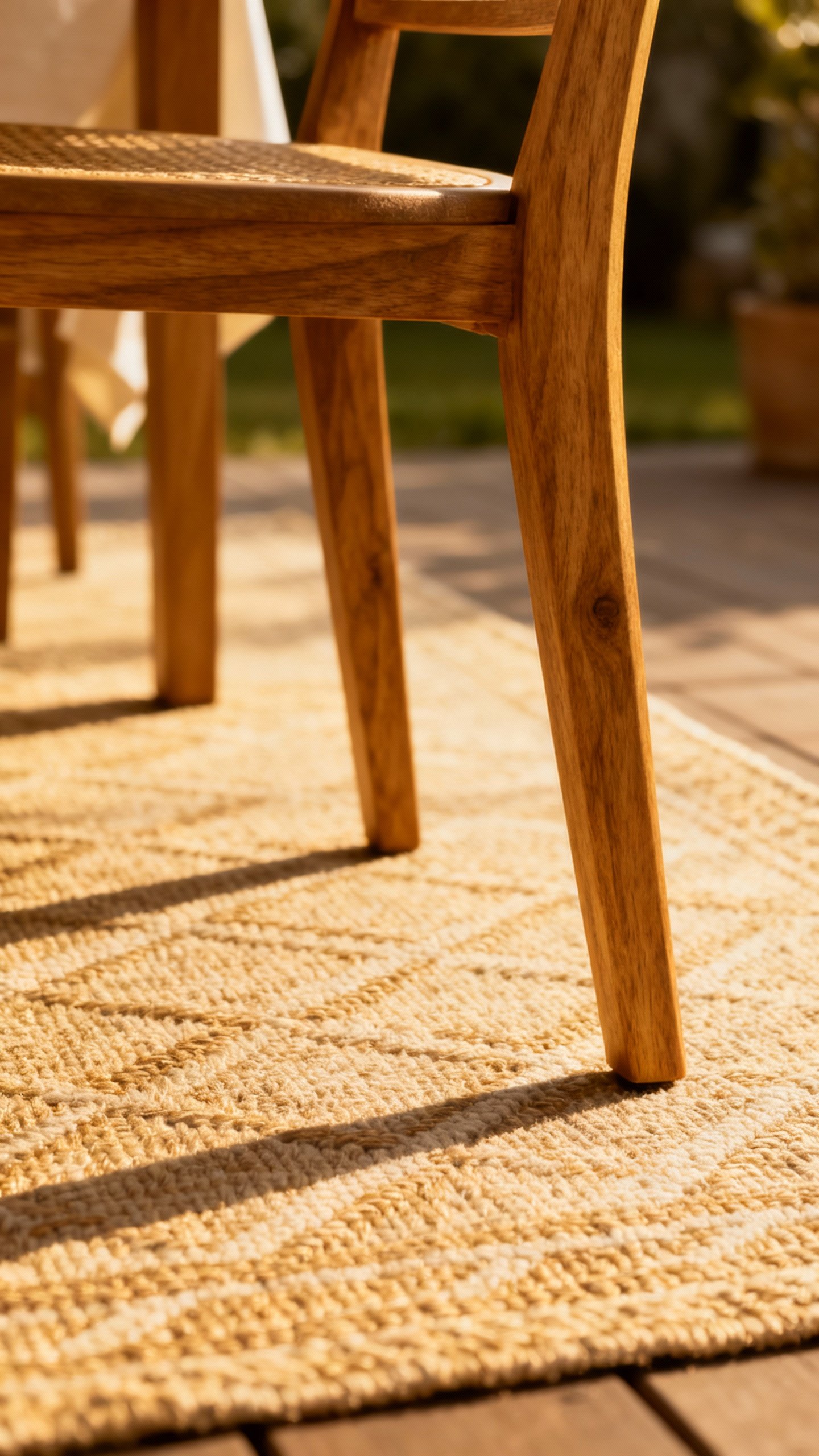 Dining chairs scooted back on medium-tone outdoor rug, closeup legs