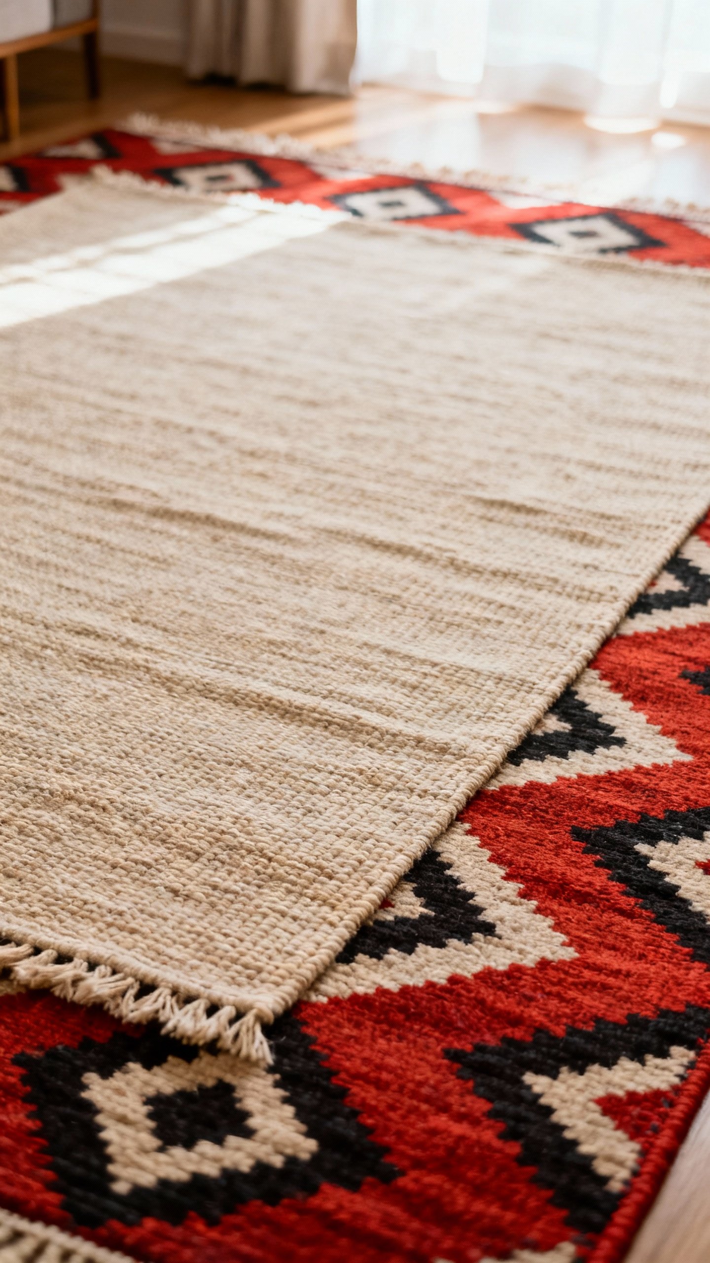 Layered rugs: neutral flatweave under bold geometric, angled view