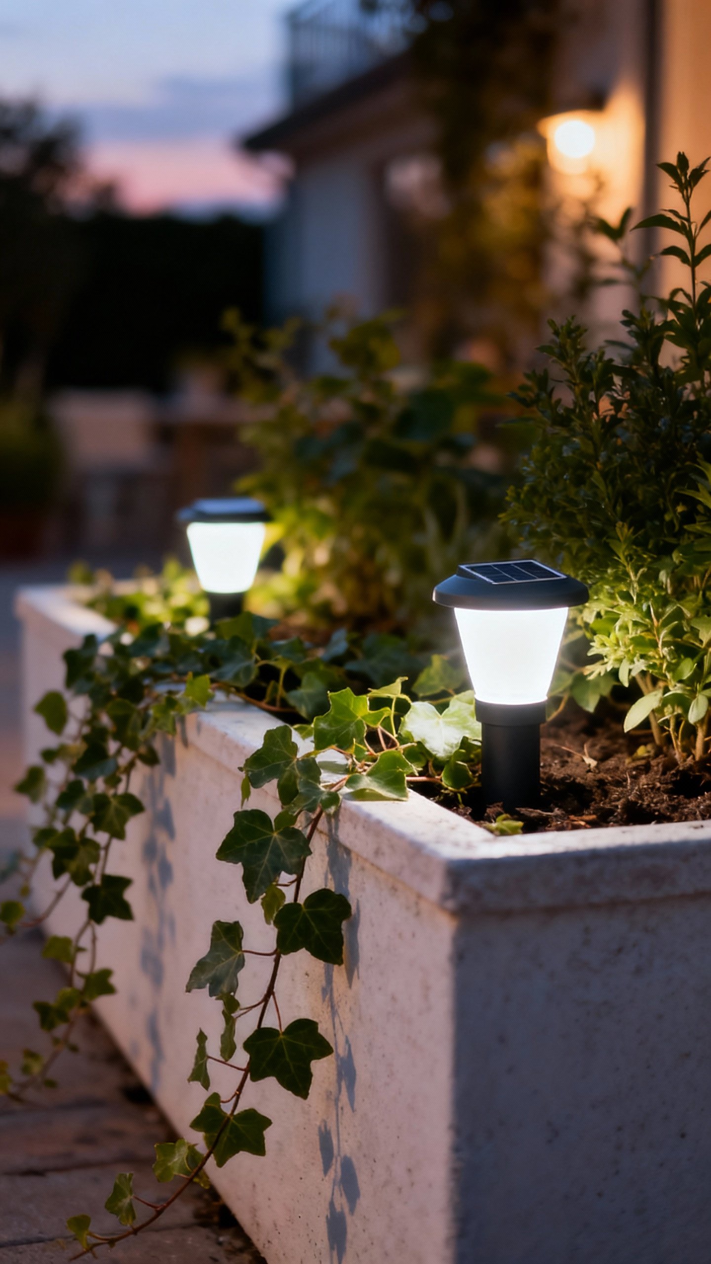 Solar pathway lights tucked in planters at dusk, warm white glow, trailing ivy spilling