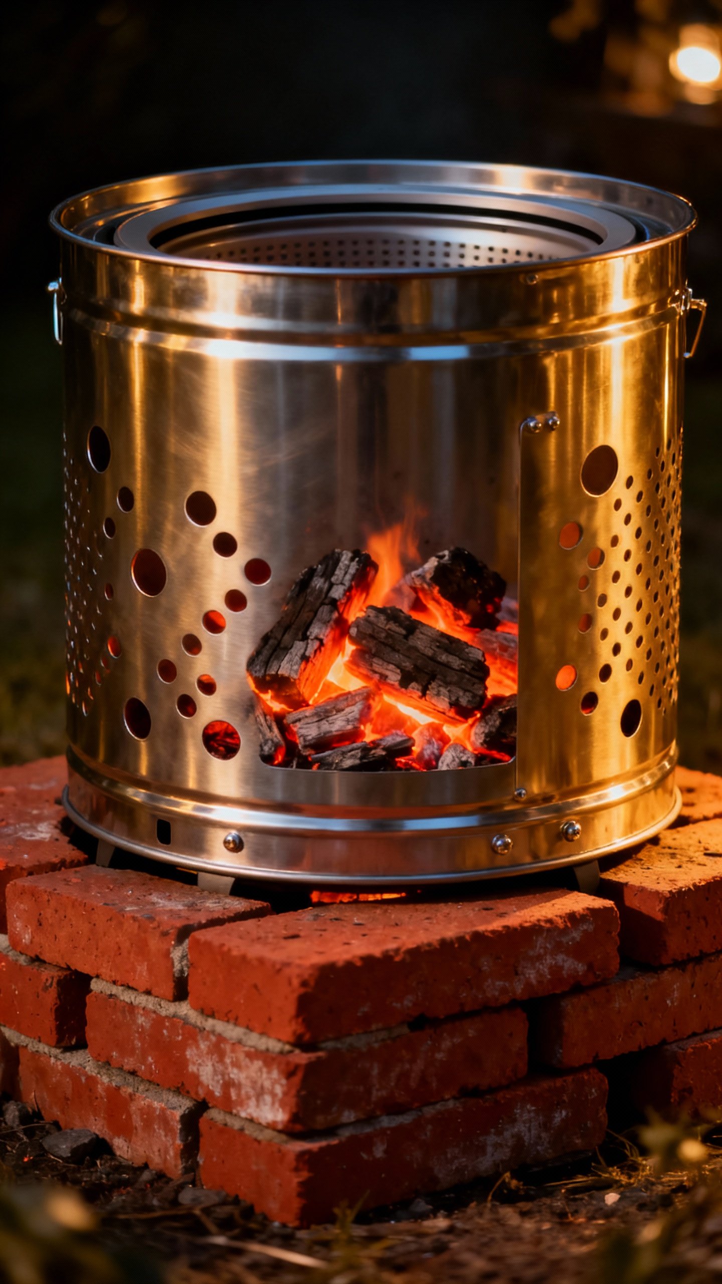 Stainless washing machine drum fire pit on bricks, glowing embers, perforations