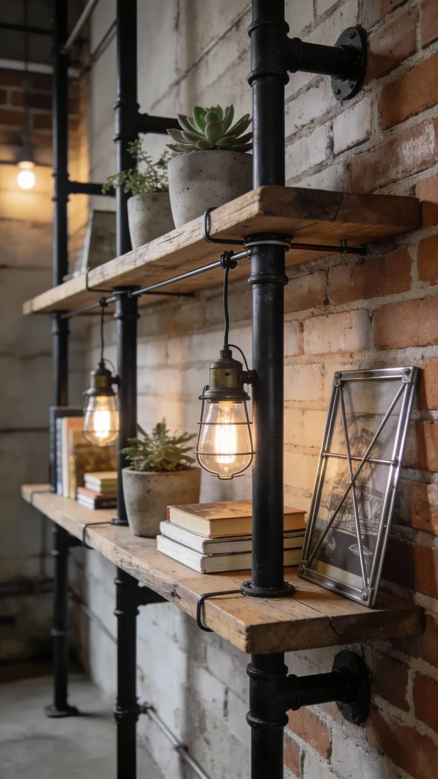"A high-quality, realistic photo of industrial pipe floating shelves in a modern urban loft setting. Black iron pipes serve as vertical supports with rustic wooden shelves resting on top, secured by hidden tension rods inside the pipes. The shelves display a curated mix of concrete planters with succulents, vintage factory-style lamps with exposed bulbs, and minimalist decor like stacked books and metal-framed artwork. The background features exposed brick walls with soft ambient lighting, enhancing the raw yet stylish aesthetic. The composition is clean, balanced, and masculine, with a focus on the sturdy, no-drill shelving solution."