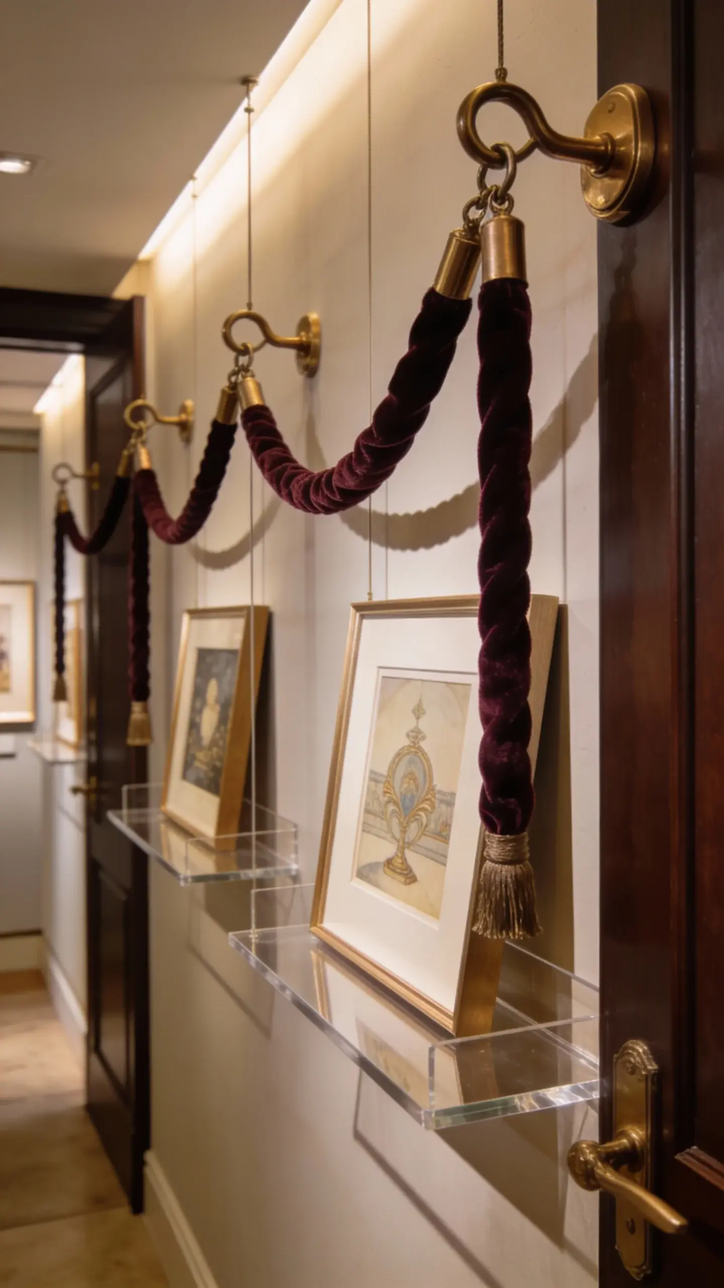**"A luxurious hallway transformed into a museum-worthy art display, featuring brass over-the-door hooks holding thick velvet ropes that suspend thin, transparent acrylic floating shelves. The shelves showcase elegant framed artwork, giving a sophisticated art deco meets modern gallery vibe. Soft ambient lighting highlights the textures of the velvet ropes and brass fixtures, while a subtle 'Do Not Touch' sign adds a playful touch. The walls are neutral-toned, allowing the art and decor to stand out, creating a high-end yet inviting atmosphere. Photorealistic, high-quality interior design shot with a shallow depth of field."**