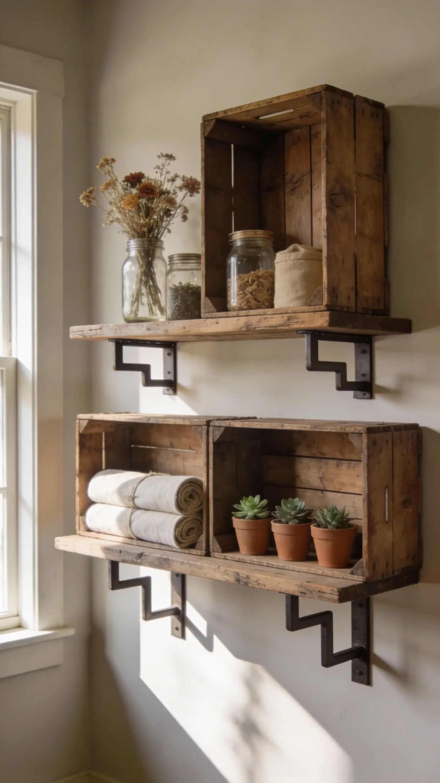 **"A rustic yet refined farmhouse-industrial floating crate wall, featuring uniformly stained vintage wooden crates magically attached to a neutral-toned wall using hidden L-shaped shelf brackets. The crates display a curated mix of practical storage and decor, including mason jars filled with dried flowers, neatly rolled linen bundles, and tiny succulents in terracotta pots. Soft natural light streams in from a nearby window, casting gentle shadows and highlighting the textured wood grain. The overall aesthetic blends rustic charm with modern simplicity, evoking a cozy, lived-in yet stylish vibe."**