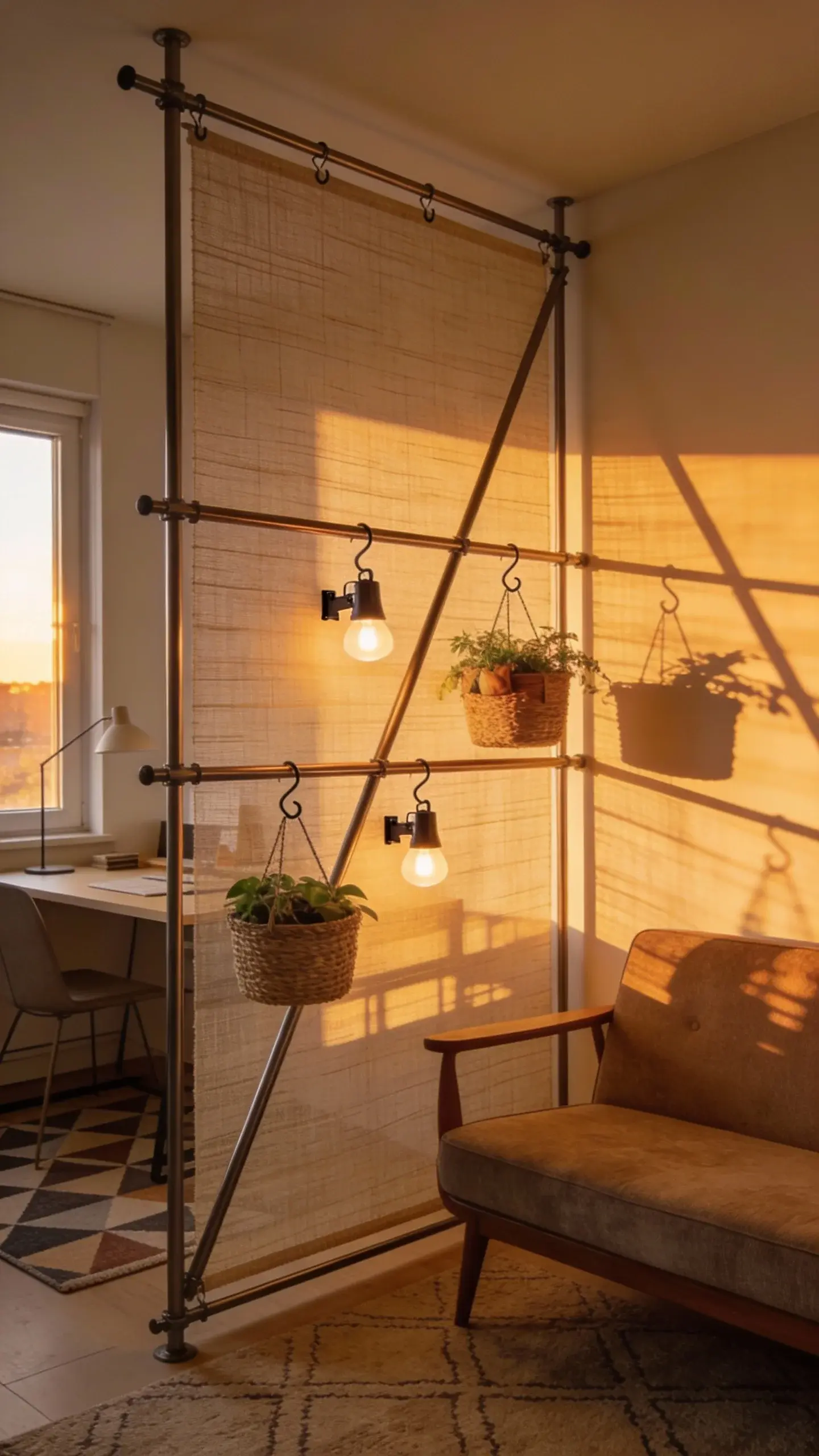**"A modern studio apartment corner featuring a floor-to-ceiling tension rod room divider with three heavy-duty rods installed diagonally. Woven baskets with S-hooks hang from the rods, storing plants and decorative items, while clip-on pendant lights add warm illumination. The setup creates a stylish partition between a cozy seating area and a workspace, casting intricate shadow patterns from the woven textures as golden sunset light streams through a nearby window. The neutral-toned decor includes a mid-century sofa, a minimalist desk, and a geometric rug, enhancing the airy yet functional aesthetic. High-quality, realistic interior photography with soft natural lighting."**