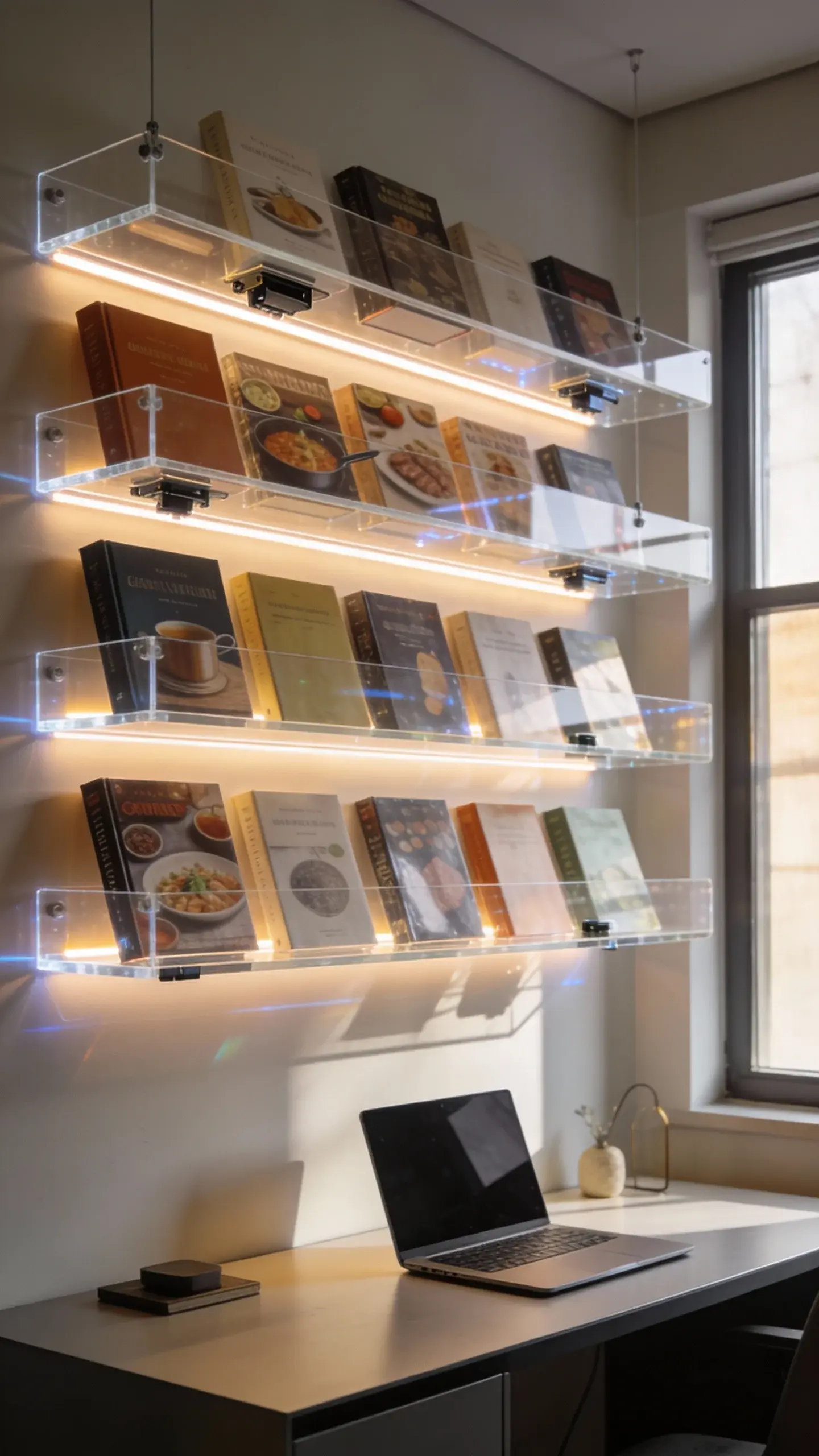 **"A modern home office with invisible floating bookshelves made of clear acrylic, creating the illusion of books defying gravity. The shelves are mounted with hidden adhesive strips, showcasing a stack of hardcover cookbooks strategically placed to conceal the hardware. Soft LED strip lights glow behind the books, casting a futuristic ambiance. A sleek desk with a laptop and minimalist decor sits below, enhancing the sci-fi-inspired aesthetic. Natural light filters through a nearby window, adding warmth to the high-tech vibe. The scene is clean, stylish, and photorealistic, with sharp details and subtle reflections on the acrylic surfaces."**