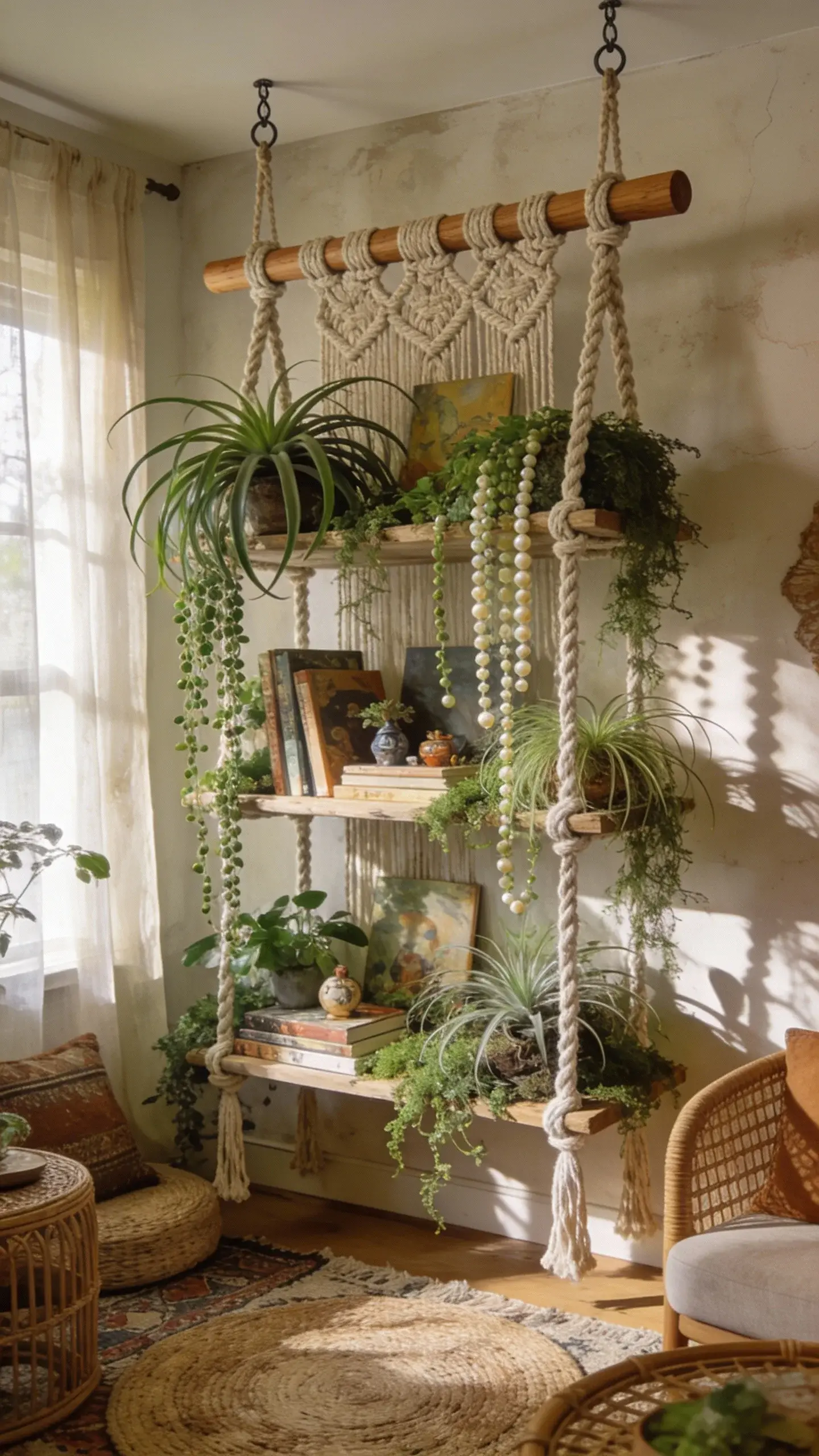 "A high-quality, realistic photo of a bohemian-inspired living room featuring a stunning macramé hanging forest with chunky knotted rope shelves and wooden dowels, suspended from ceiling hooks. Cascading spider plants, string of pearls, and air plants spill over the shelves, creating a lush, organic display. Artbooks and small decorative objects are nestled among the greenery, enhancing the eclectic, 70s-inspired vibe. Soft natural light filters through sheer curtains, casting gentle shadows on the textured walls. The arrangement is intentionally chaotic yet harmonious, evoking a dreamy, free-spirited aesthetic. The room’s decor includes woven rugs, rattan furniture, and earthy tones, completing the relaxed boho atmosphere."