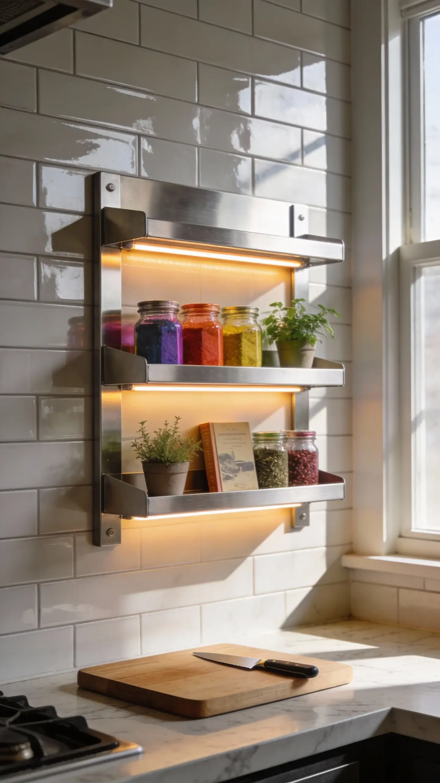 "A sleek, modern kitchen with a stainless steel magnetic spice rack mounted on a glossy subway tile backsplash. The rack features three minimalist metal shelves, each holding an array of colorful glass spice jars with uniform labels. Small potted herbs and a tiny cookbook are artfully arranged between the jars. Soft, warm LED strip lighting glows beneath each shelf, casting a subtle ambiance over the scene. The kitchen counter below is clean and uncluttered with a marble surface, a wooden cutting board, and a chef's knife, suggesting a professional cooking space. Sunlight streams through a nearby window, highlighting the metallic sheen of the shelves and the vibrant spices."