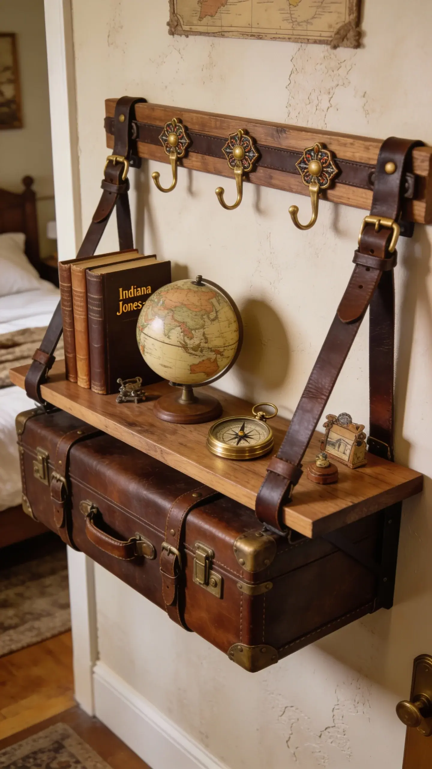 **"A stylish and realistic interior design photo featuring a vintage-inspired floating console shelf held up by thick leather belts, resembling old steamer trunks. The wooden shelf is mounted securely to the wall with decorative buckles and brass hooks, exuding an adventurous travel vibe. The shelf is styled with leather-bound books, a classic globe, an antique brass compass, and small travel trinkets, creating an 'Indiana Jones-core' aesthetic. The setting is a cozy entryway or bedroom with warm lighting, textured walls, and subtle rustic decor elements. High-quality, natural lighting enhances the rich tones of the leather, wood, and brass accessories."**