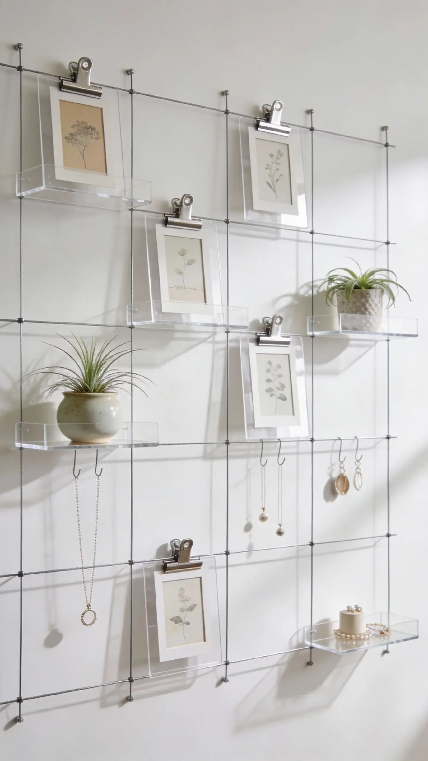 **"A modern, minimalist tension wire art grid shelving system mounted on a clean white wall, featuring thin steel cables arranged in a precise grid pattern. Lightweight acrylic clipboard shelves are clipped onto the wires, displaying a curated mix of small framed art prints, delicate air plants in ceramic pots, and dainty jewelry pieces. The setup resembles a stylish Pinterest-inspired gallery wall, with a subtle play of light and shadow enhancing the sleek, no-drill design. The room has soft natural lighting, neutral decor, and a contemporary aesthetic, showcasing the functional yet artistic storage solution."**