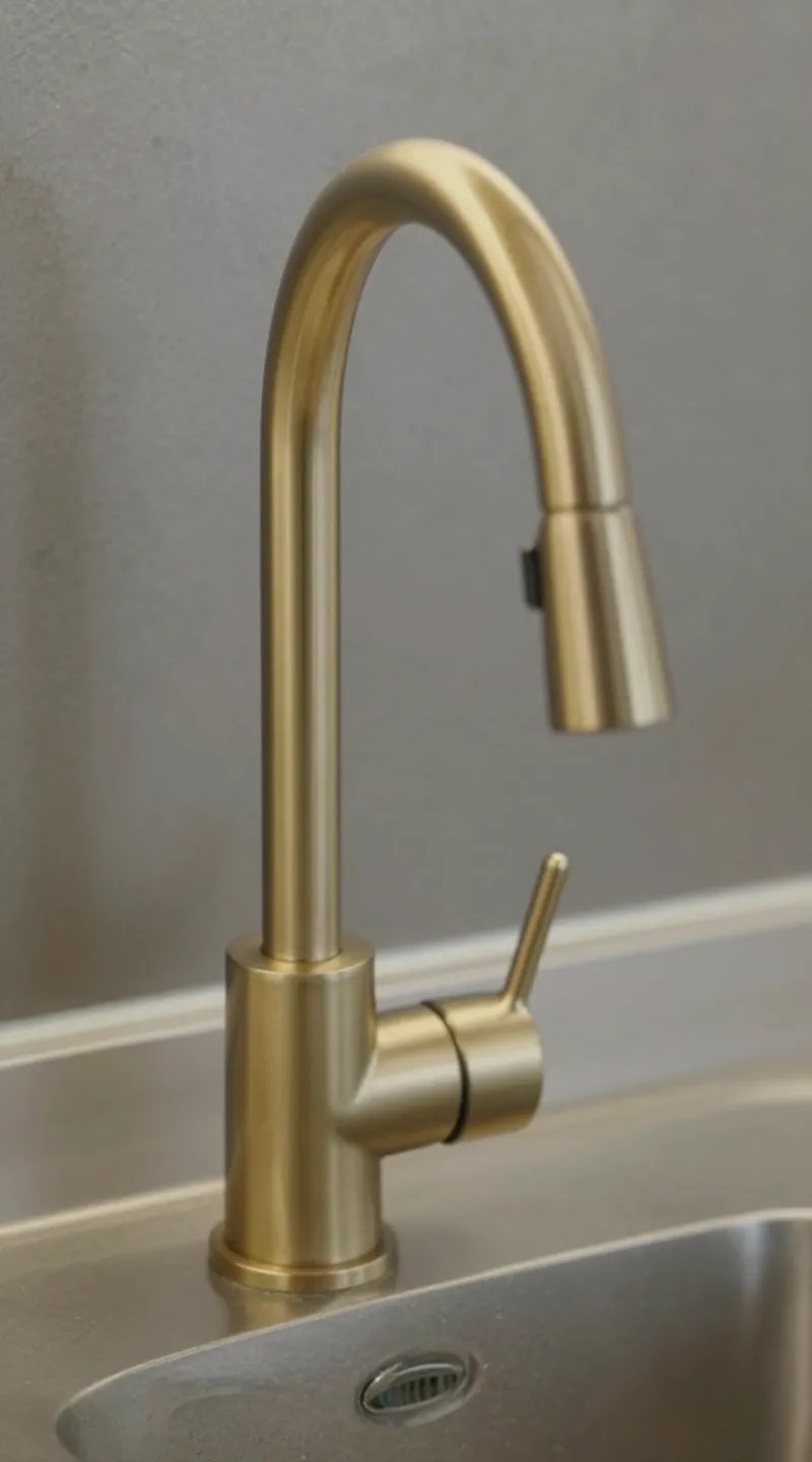 brushed brass kitchen faucet, closeup against stainless backsplash