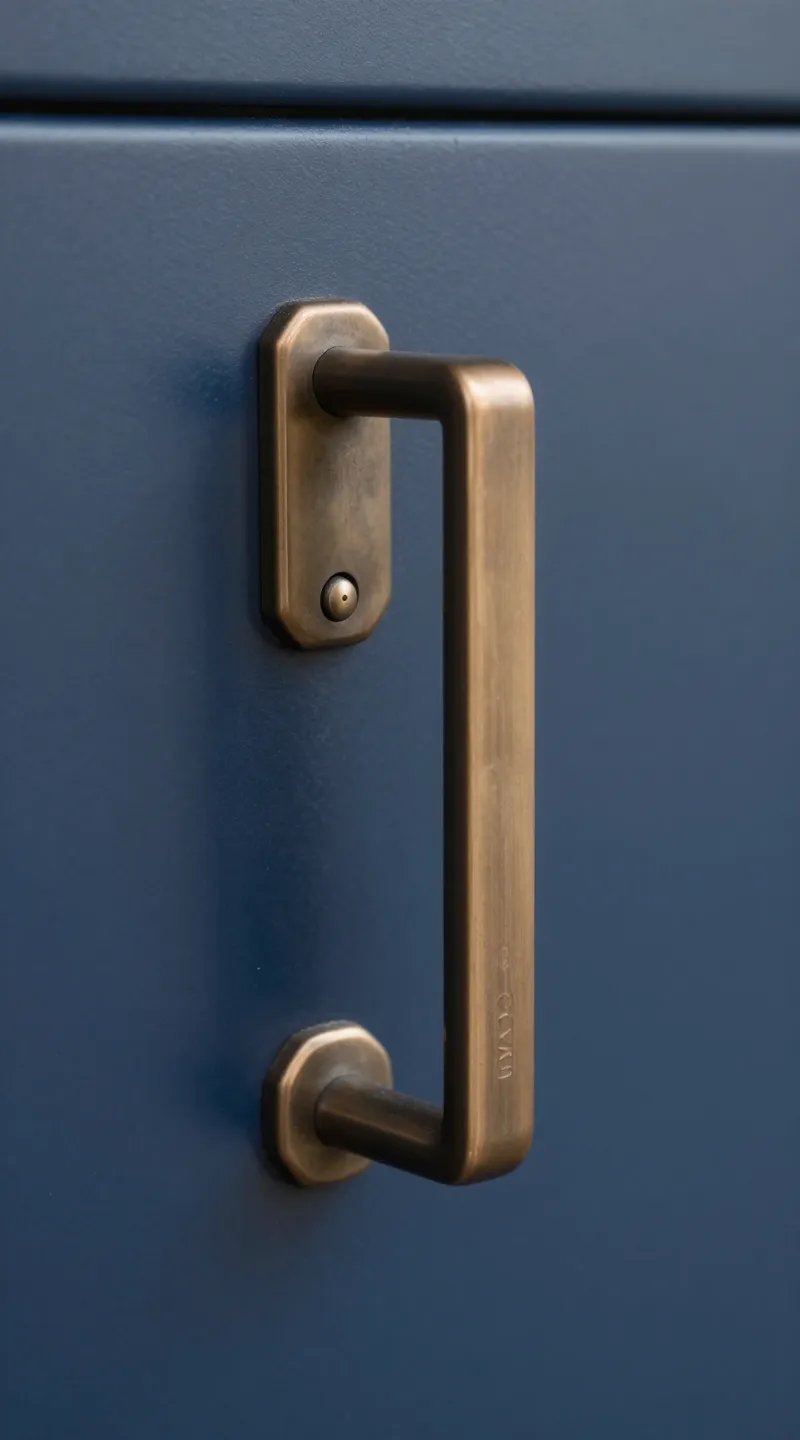 champagne bronze pull handle, macro on matte navy cabinet