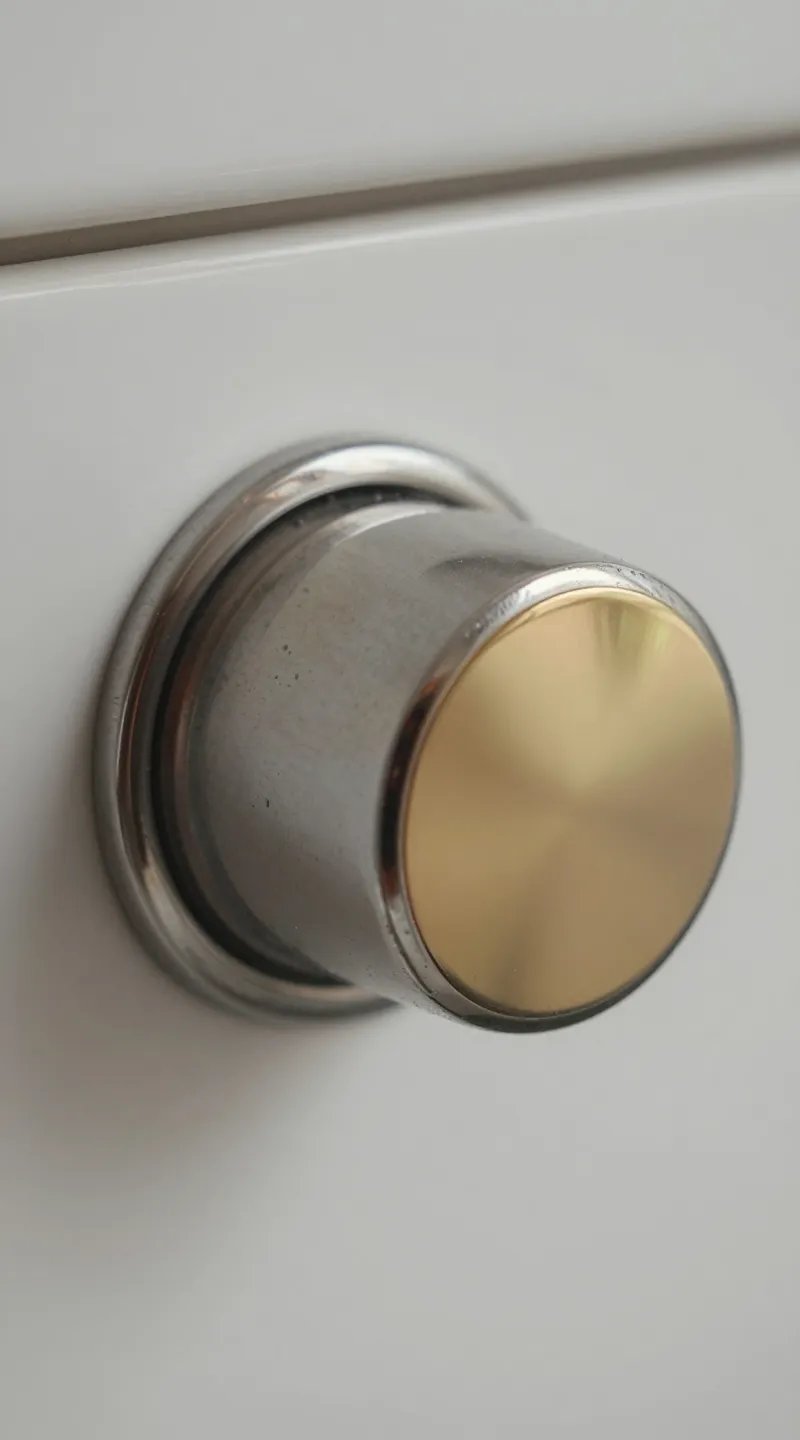 stainless steel range knob, closeup reflecting warm gold faucet