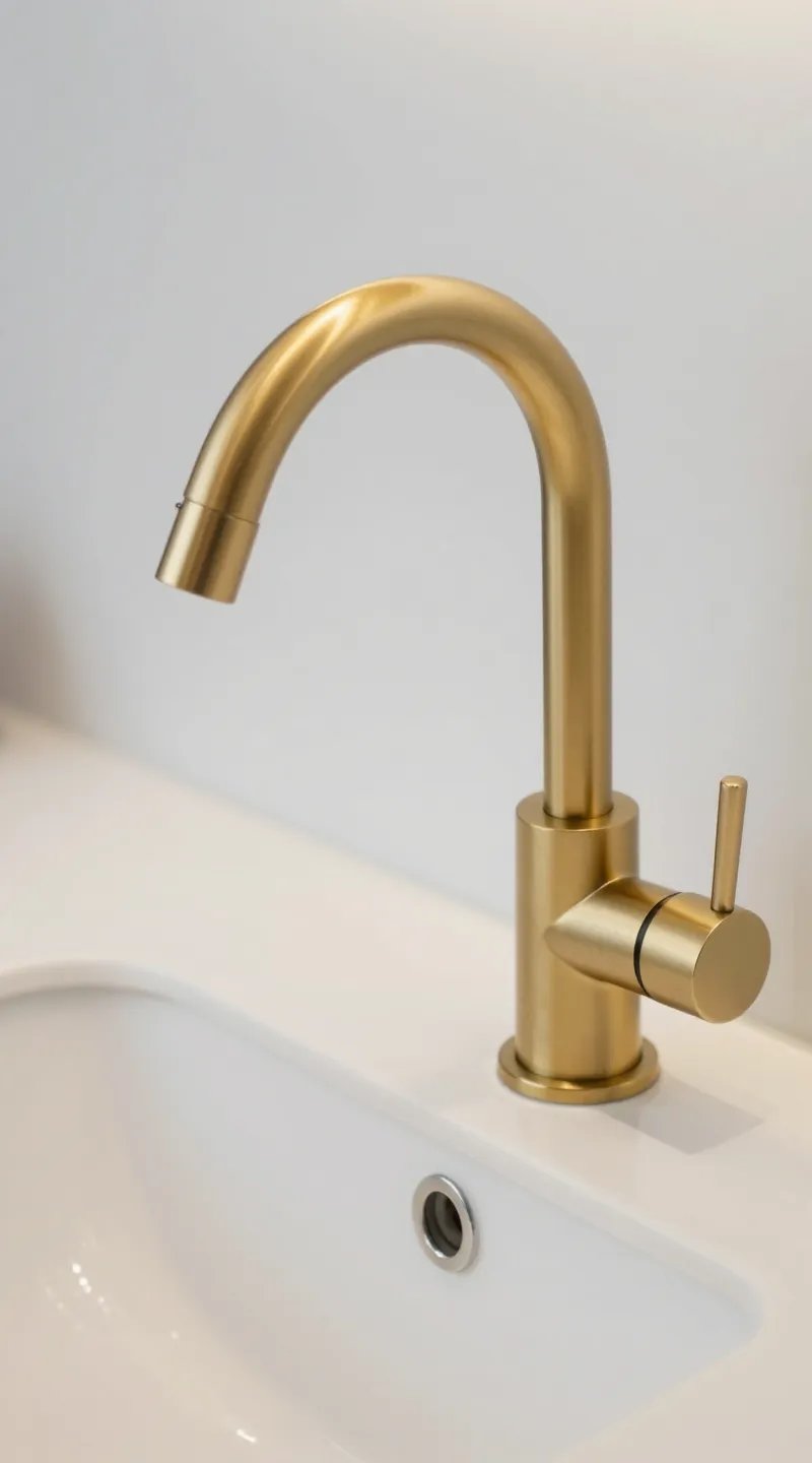 closeup brushed gold sink faucet on matte white countertop