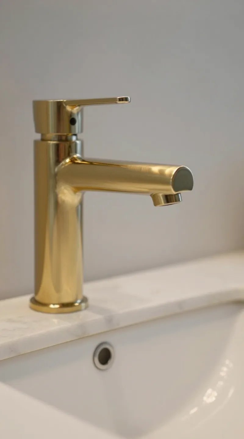 closeup polished brass sink faucet reflecting light on marble