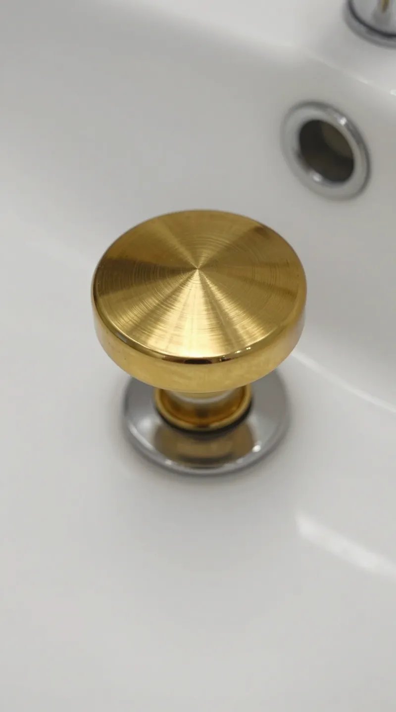 brushed gold drain stopper closeup in white porcelain basin