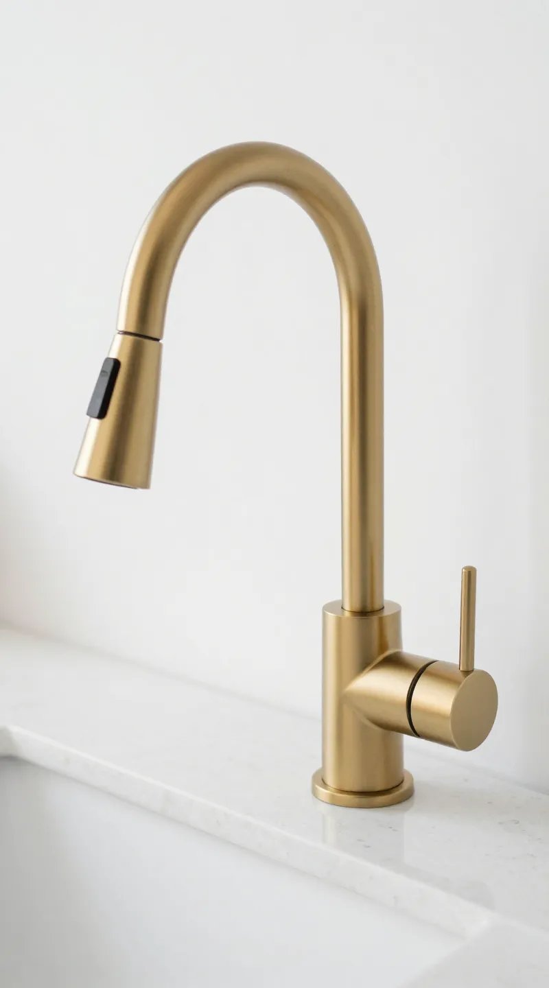 brushed gold kitchen faucet closeup on white quartz countertop