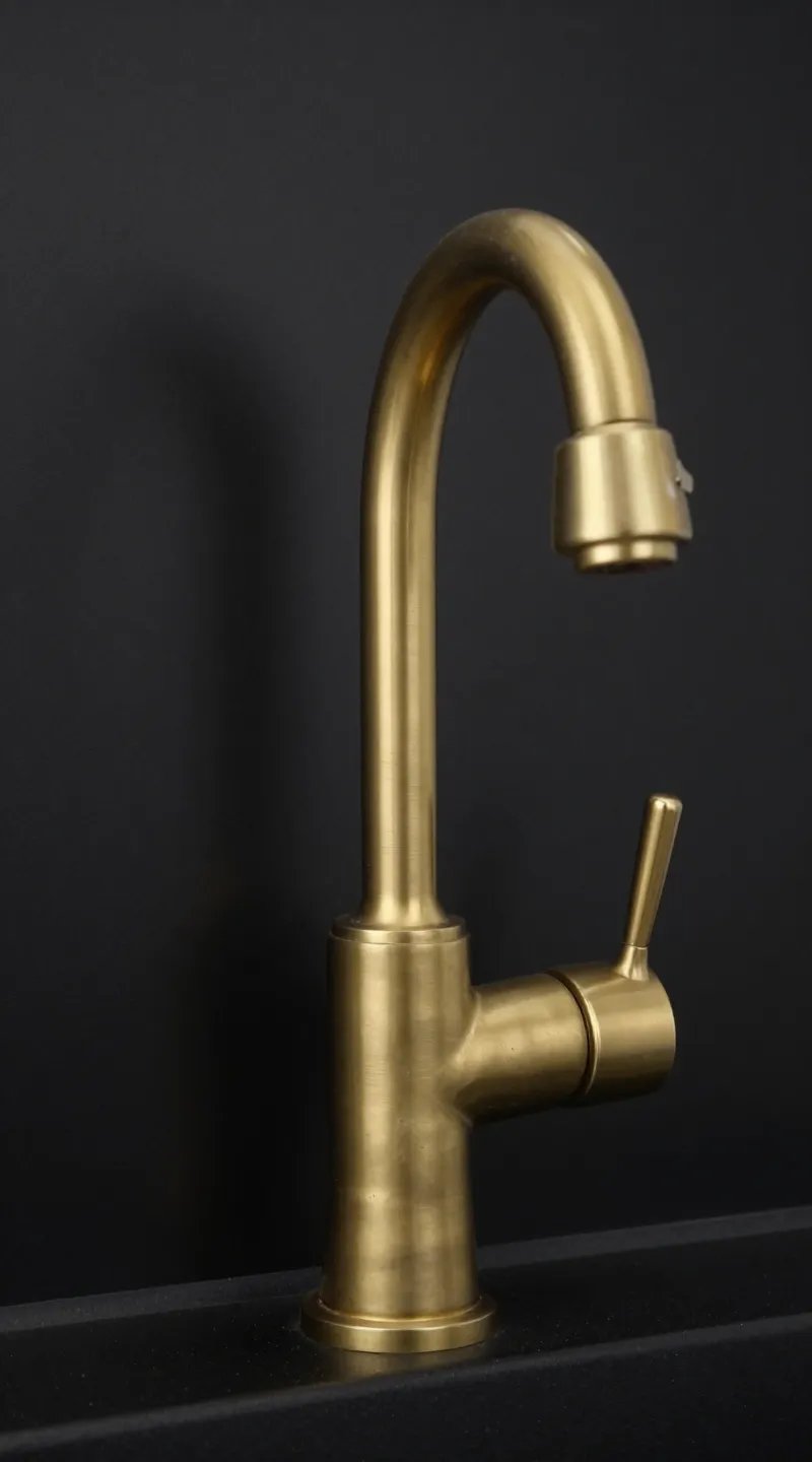 satin brass faucet detail against matte black backsplash