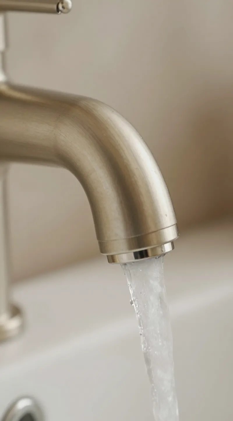 warm brushed champagne faucet spout with running water closeup