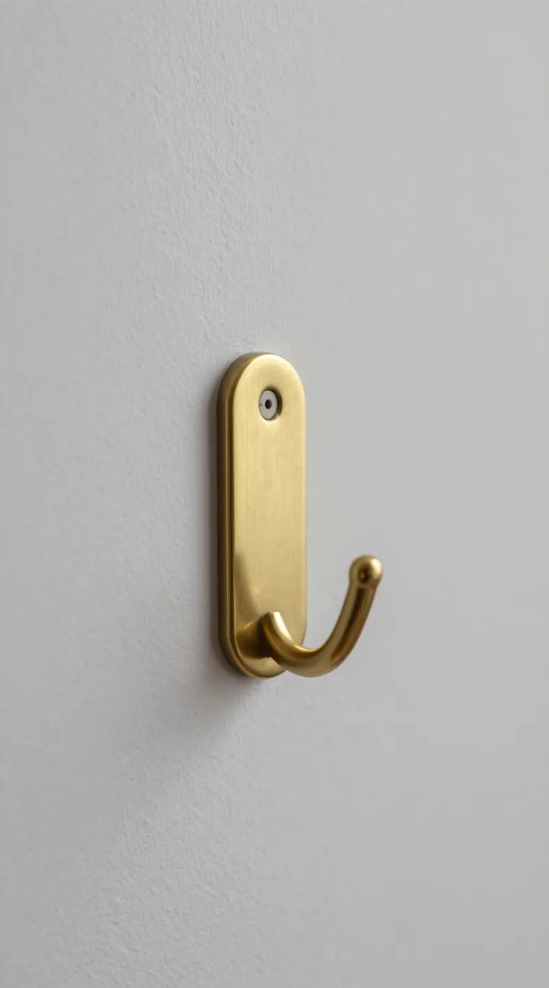 single brass picture hanging hook on painted drywall