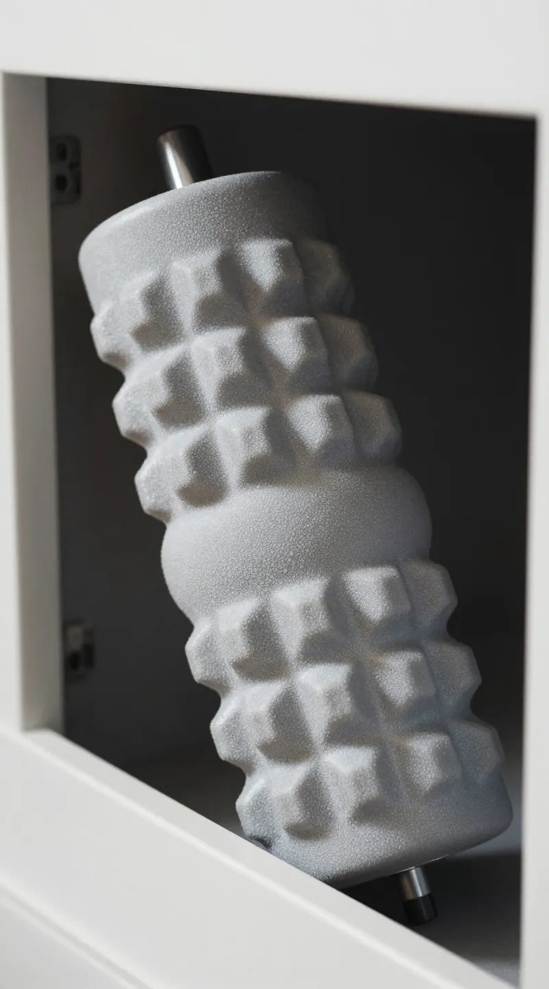 angled closeup of foam roller painting shaker cabinet drawer front