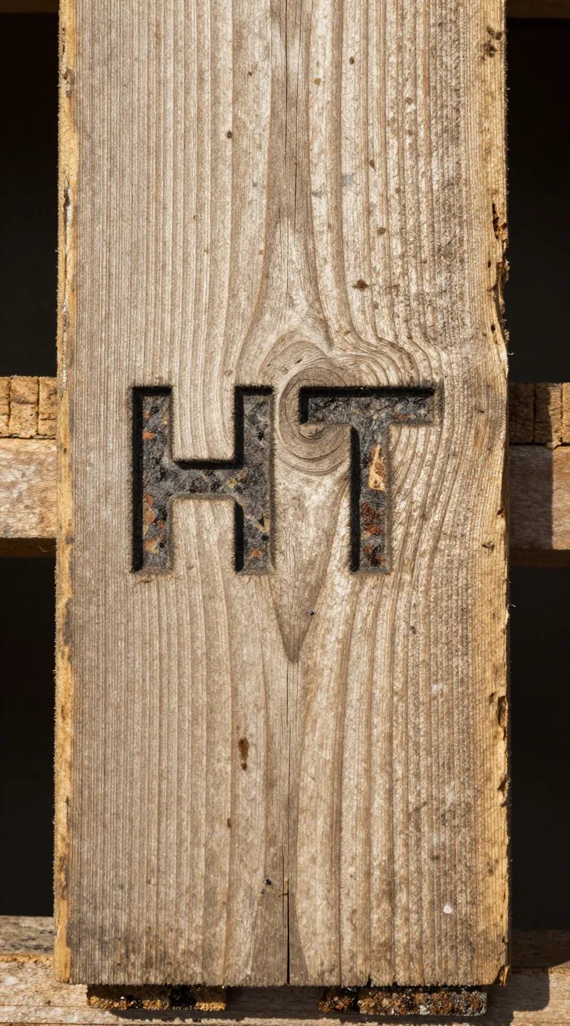 Weathered pallet wood plank with HT stamp, macro
