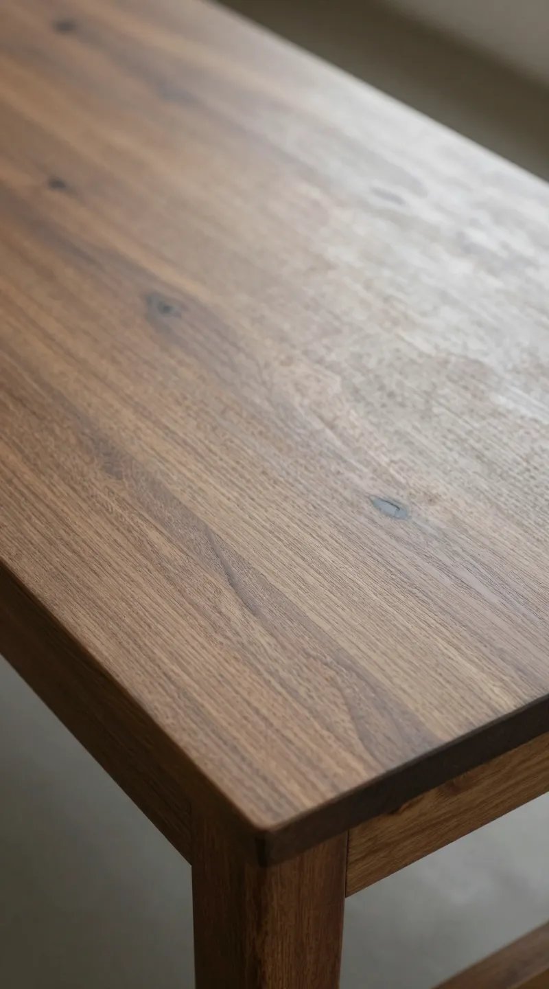 closeup of matte-finished farmhouse coffee table top, visible grain