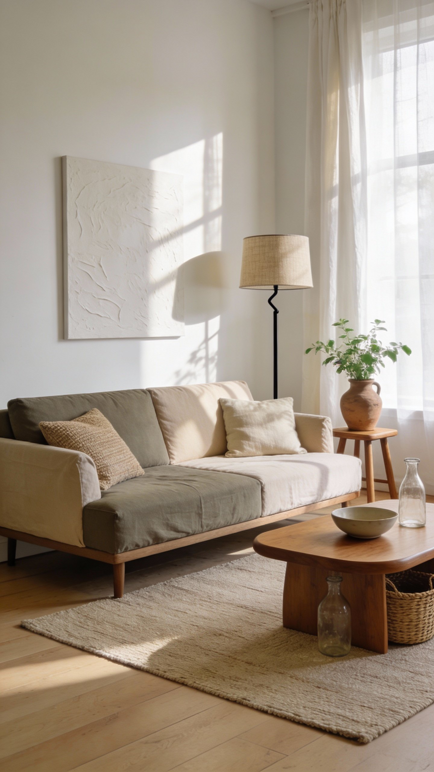 Sunlit Scandinavian living room in daytime, flooded with soft natural light from large, sheer-curtained windows. Soft white walls with a warm vanilla-cream undertone, pale oak plank flooring, and a layered neutral palette. A modular, low-profile sofa with removable, washable organic-linen slipcovers in greige and pale sand sits centered on an oatmeal-toned, handwoven wool flatweave rug. Textured throw pillows in oatmeal and pale sand, cotton and linen blend. A warm oak, FSC-certified coffee table with rounded edges holds a simple ceramic bowl and a glass carafe. Minimalist wall art in off-white relief hangs above: subtle texture, no bold colors. A slender black metal floor lamp with a linen drum shade adds contrast. Potted greenery in a clay vessel on a low oak side stool brings life. Linen curtains in warm white filter sunbeams, creating gentle shadow play across tactile surfaces. Clutter-free styling: a few sustainable decor accents (recycled glass vase, natural fiber basket tucked under the table). Overall mood: calm, airy, intentionally simple, tactile minimalism with Scandinavian warmth. Photorealistic, high-resolution, natural color grading, soft highlights, shallow depth of field emphasizing textures.