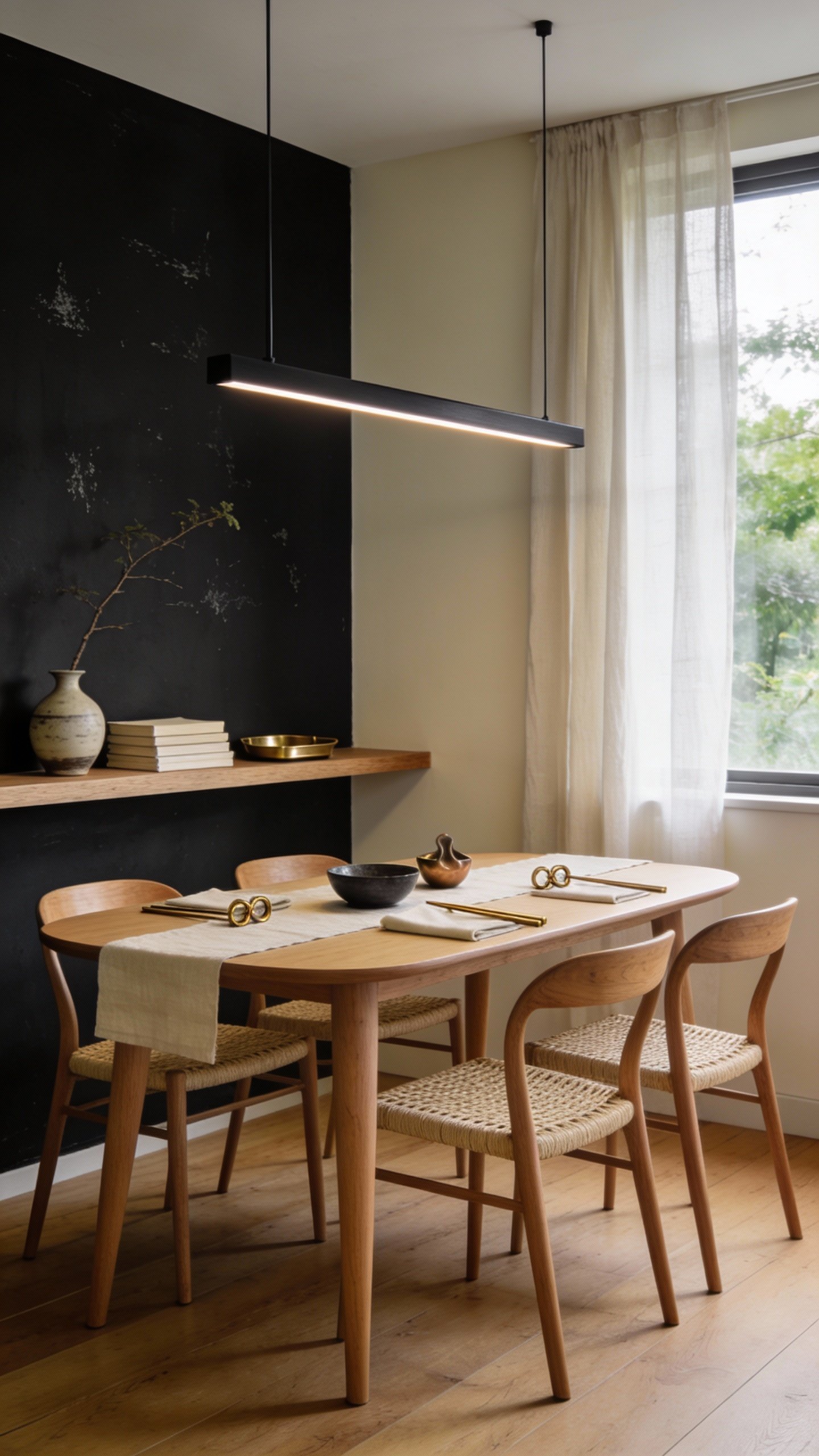 Ultra-realistic photo of a Japandi dining nook exuding quiet luxury and eco-friendly minimalism: a compact, light-filled corner with a solid FSC-certified ash dining table, oval or rectangular, featuring slim tapered legs and a natural oil finish; paired with four low-back, curved wood chairs with woven paper-cord seats in natural ash. Palette focuses on ink black and charcoal accents against pale, warm wood: matte black wall in the background with a subtle limewash texture, adjacent wall in soft ecru. Floor in wide-plank natural oak. Table styled with soft ecru linen runner and napkins, simple stoneware in charcoal, and matte brass chopstick rests. Overhead, a minimalist matte black linear pendant with warm 2700K light; incidental accents in bronze (small sculptural bowl, napkin rings). One built-in floating wood shelf with restrained styling: a single Japanese stoneware vase with an ikebana branch, a stack of linen-bound books, and a small bronze tray. Large, unadorned window with sheer ecru drapery filtering daylight; greenery glimpsed outside. No clutter; clean lines; tactile materials—wood grain, paper-cord, stoneware—clearly visible. Soft, natural lighting, shallow depth of field, 35mm lens, editorial interior photography style, high-resolution, inviting and serene atmosphere.