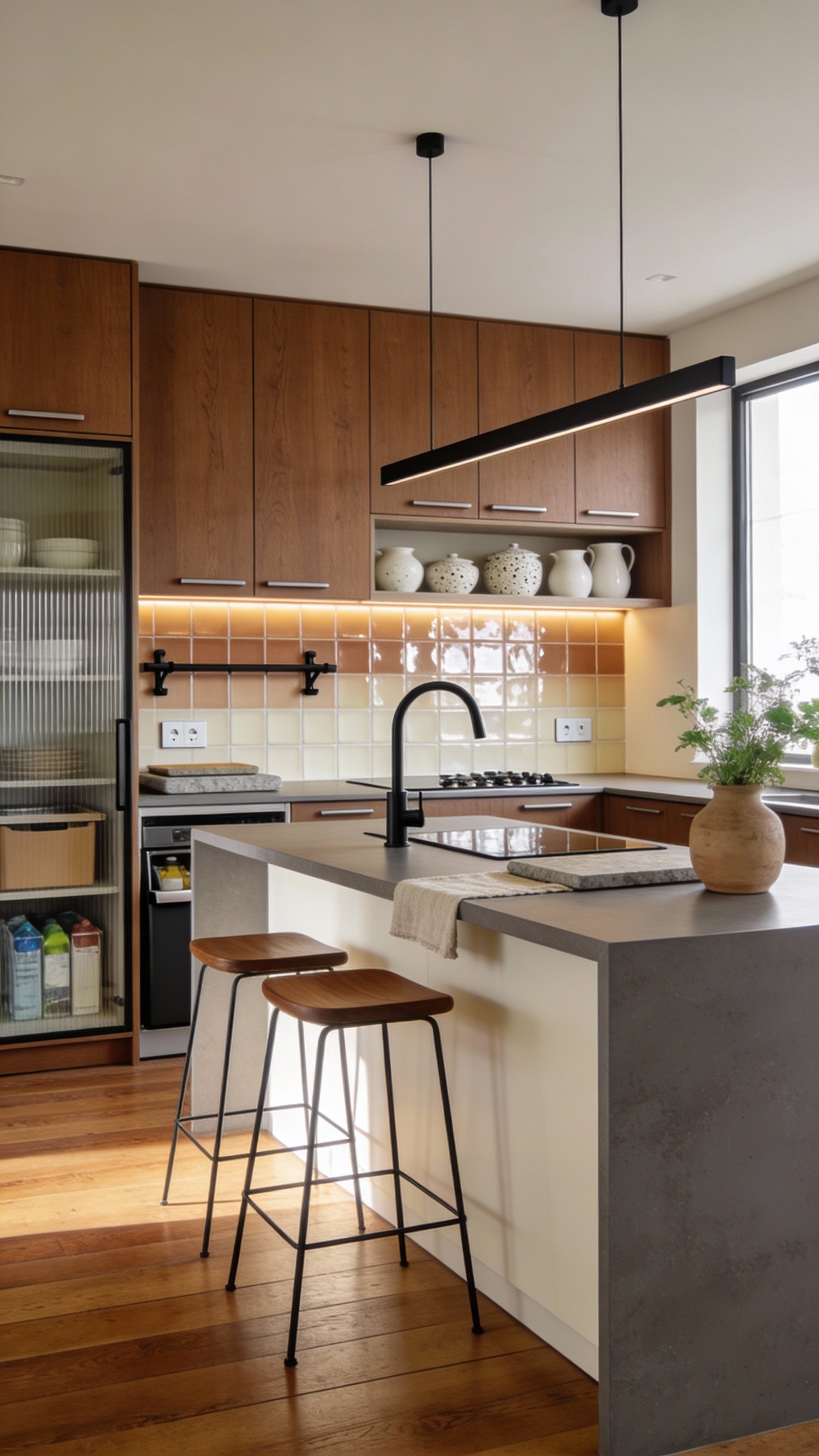 Realistic high-end kitchen photo, “Earthy Modern Kitchen With Matte Black Accents”: warm, inviting minimalist space with flat-panel cabinetry in FSC-certified walnut veneer (rich grain, water-based matte finish), seamless push-to-open fronts and integrated pulls. Durable, velvety counters in recycled paper composite or FENIX with soft graphite tone, waterfall edge on an island. Recycled glass tile backsplash in a subtle clay-to-ivory gradient, softly reflective, stacked in a clean grid. Palette: clay, walnut, ivory with contrasts of matte black and soft graphite. Matte black accents: slim linear faucet, induction cooktop trim, minimalist pendant lighting, thin-framed stools with walnut seats, discreet outlet covers, and shelf brackets. Open niche displays a curated set of ivory and speckled stoneware ceramics; all other storage hidden for a clutter-free look. Tactile surfaces throughout: honed stone serving boards, linen runner, and ribbed glass pantry door. Smart storage: concealed appliances, integrated pull-out pantry, hidden recycling bins. Natural light from a large window washes across the space; under-cabinet warm LEDs highlight texture of recycled glass tiles. Floor in wide-plank oiled oak with warm walnut undertone. Subtle greenery in a clay vessel on the island. Composition shot at counter height, 35mm equivalent, soft morning light, shallow reflections, photorealistic, ultra-detailed, lifestyle-ready, sustainable materials emphasized.