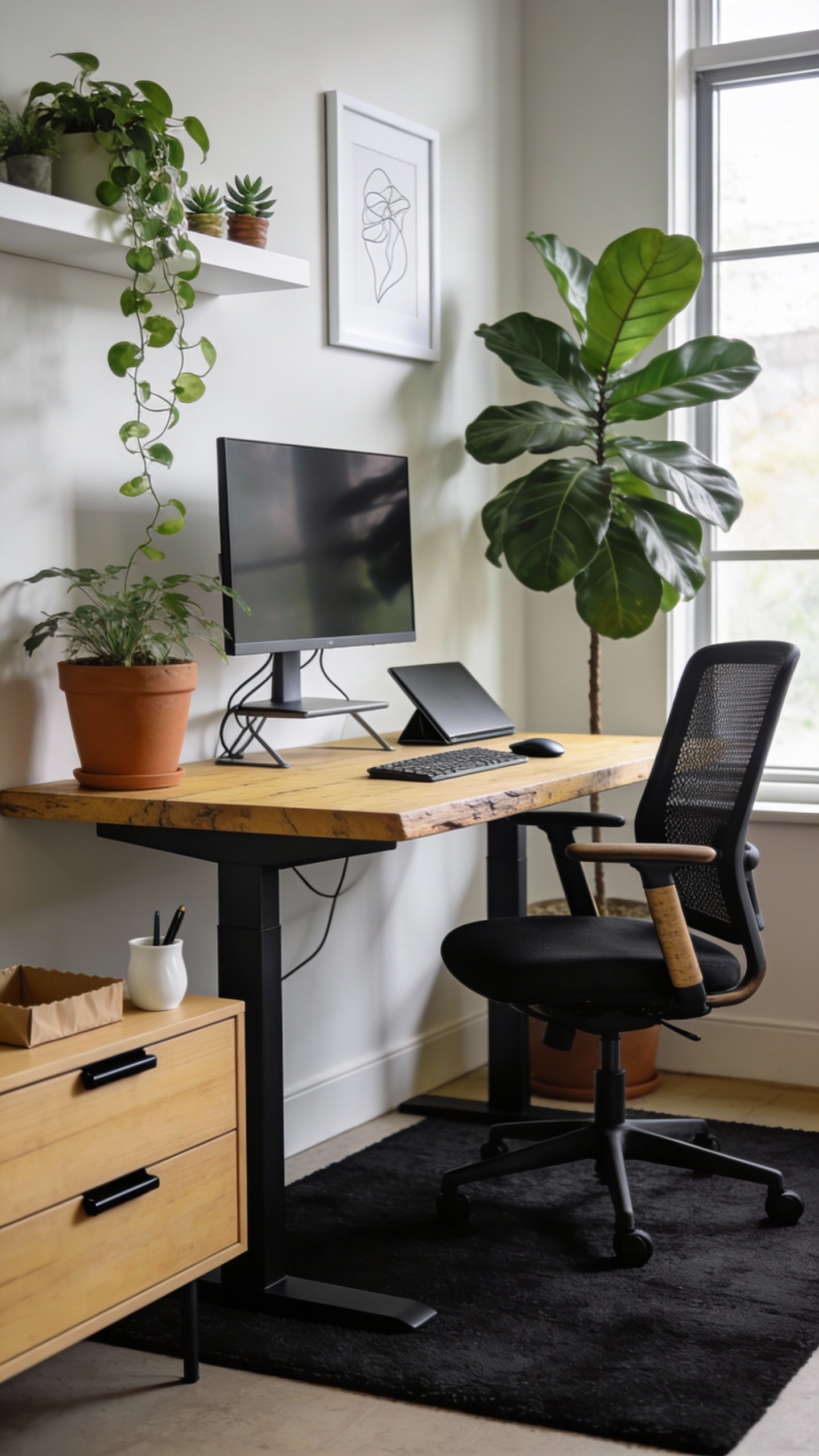 Realistic photo of a plant-forward minimalist home office designed around reclaimed materials and clean lines. A reclaimed blonde-wood desktop with a simple matte black powder-coated base sits near a large window with soft natural light. An ergonomic task chair with recycled black mesh, adjustable lumbar support, and slim arms is tucked under the desk. Color palette centers on moss and sage greens, charcoal, and blonde wood, with accents of terracotta and matte white. A curated arrangement of thriving indoor plants—tall fiddle leaf fig or rubber plant in a terracotta pot, trailing pothos on a floating matte-white shelf, and small succulents—adds biophilic calm without clutter. Cable management is tidy; a streamlined monitor on a low-profile stand, wireless keyboard and mouse, and a closed laptop stand keep the surface clean. A charcoal wool rug grounds the space. Wall art is minimal: a single abstract line drawing in a matte white frame. Subtle storage: a slim blonde-wood credenza with flat fronts and black pulls; a recycled paper tray and a white ceramic pen cup. Soft daylight, gentle shadows, and a serene, distraction-free mood; no visible logos; emphasis on sustainable textures and realistic materials. High-resolution, editorial interior photography, shallow depth of field, natural color grading.