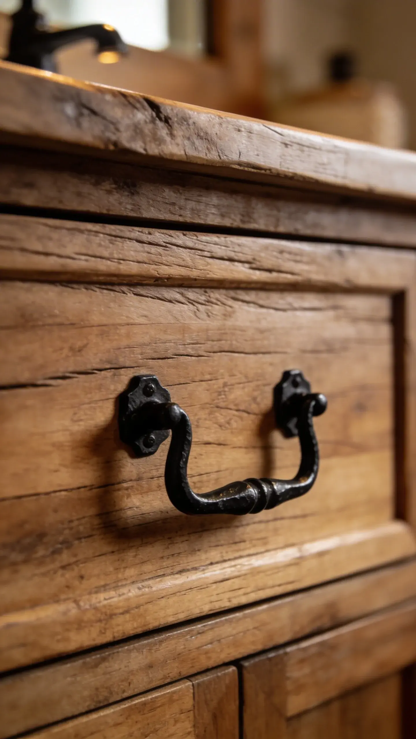 rustic oak vanity drawer with black iron pull