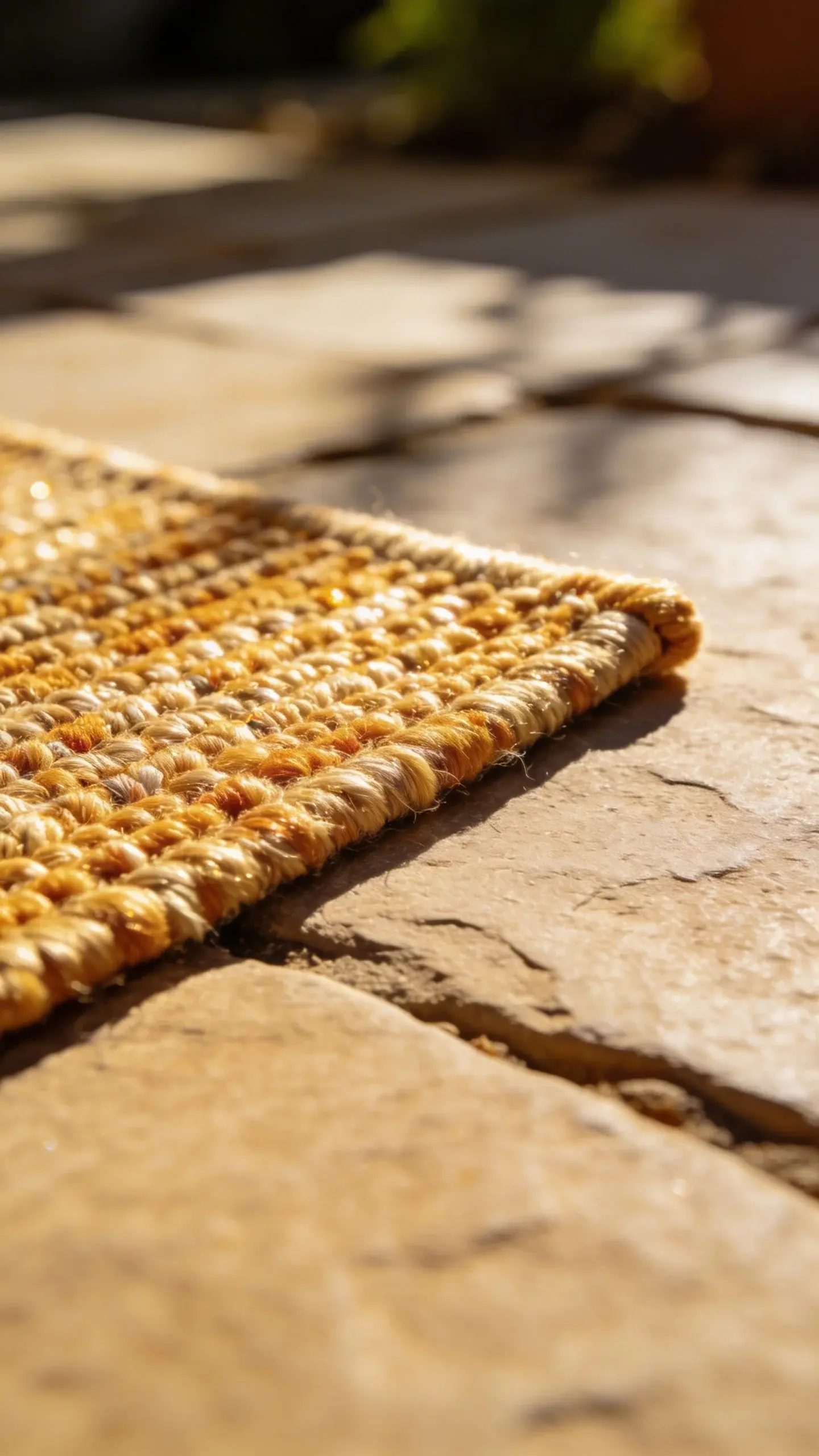 closeup of polypropylene outdoor rug corner on sunlit patio