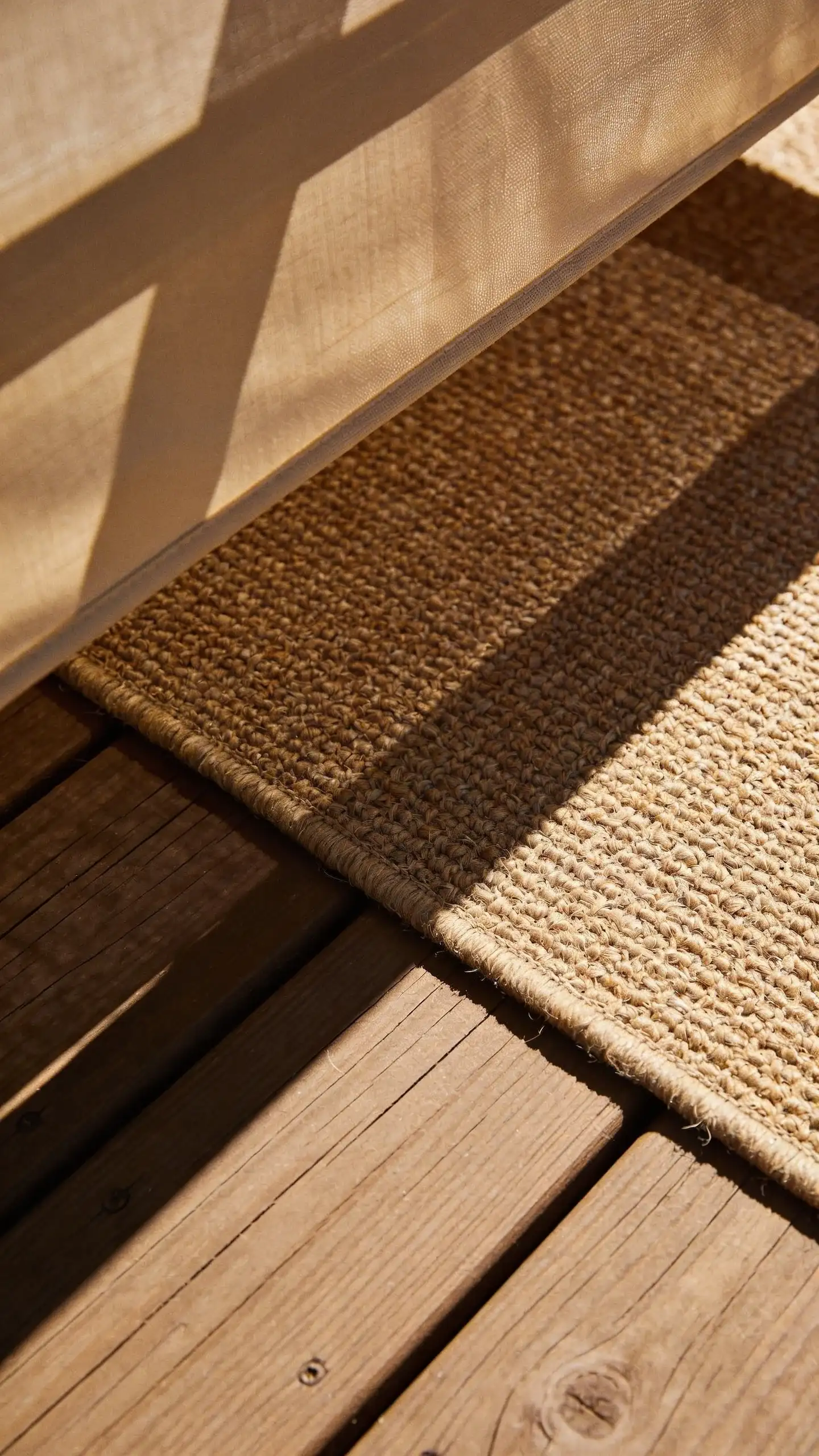 jute-look blend outdoor rug edge under covered deck shade
