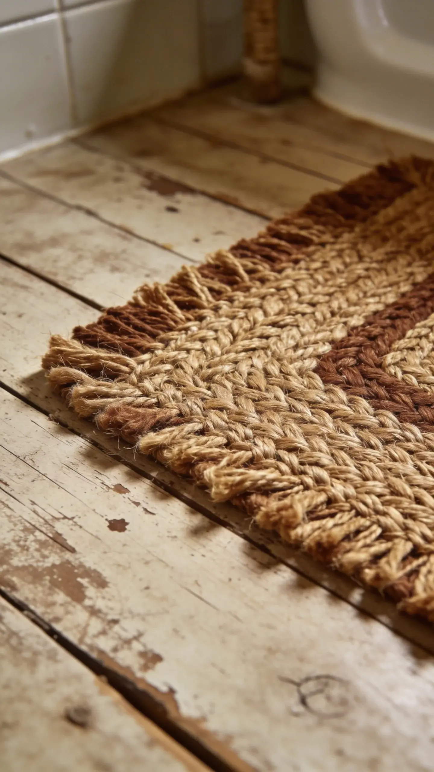 jute bath rug texture, rustic bathroom floor, closeup