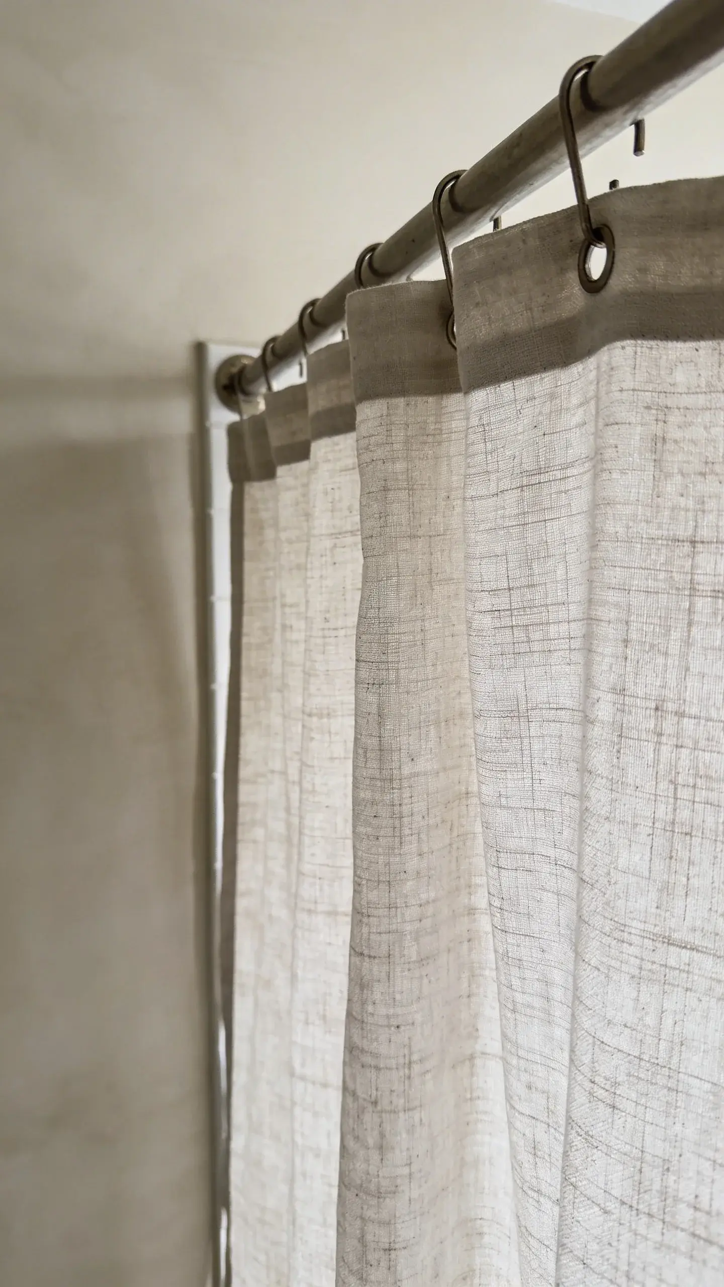 linen shower curtain fabric drape, soft greige wall backdrop