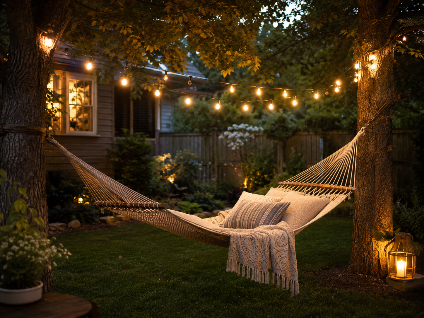 Cozy hammock between trees in a lush backyard with string lights overhead