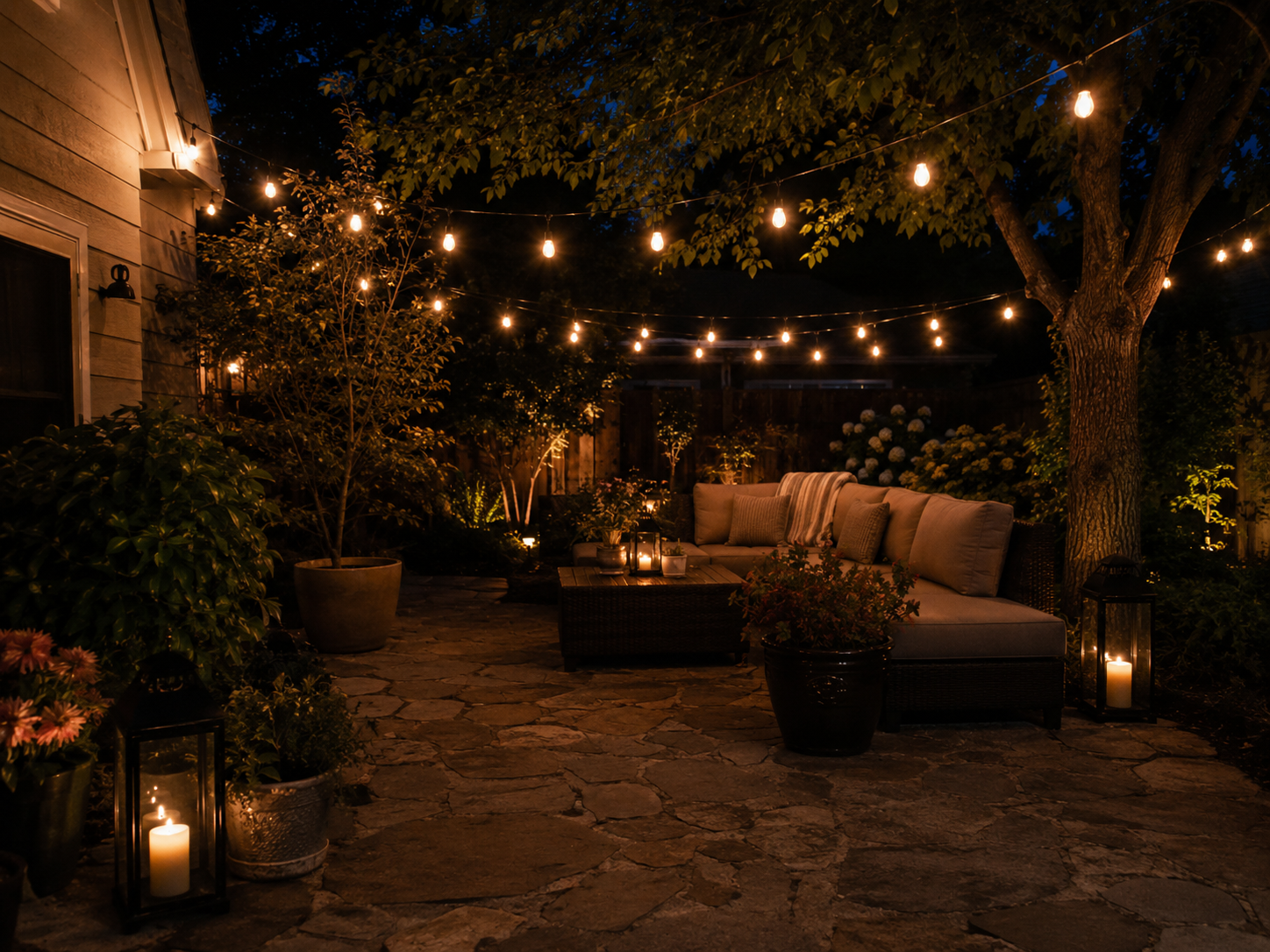Decorative outdoor lanterns and string lights creating a cozy backyard atmosphere at night
