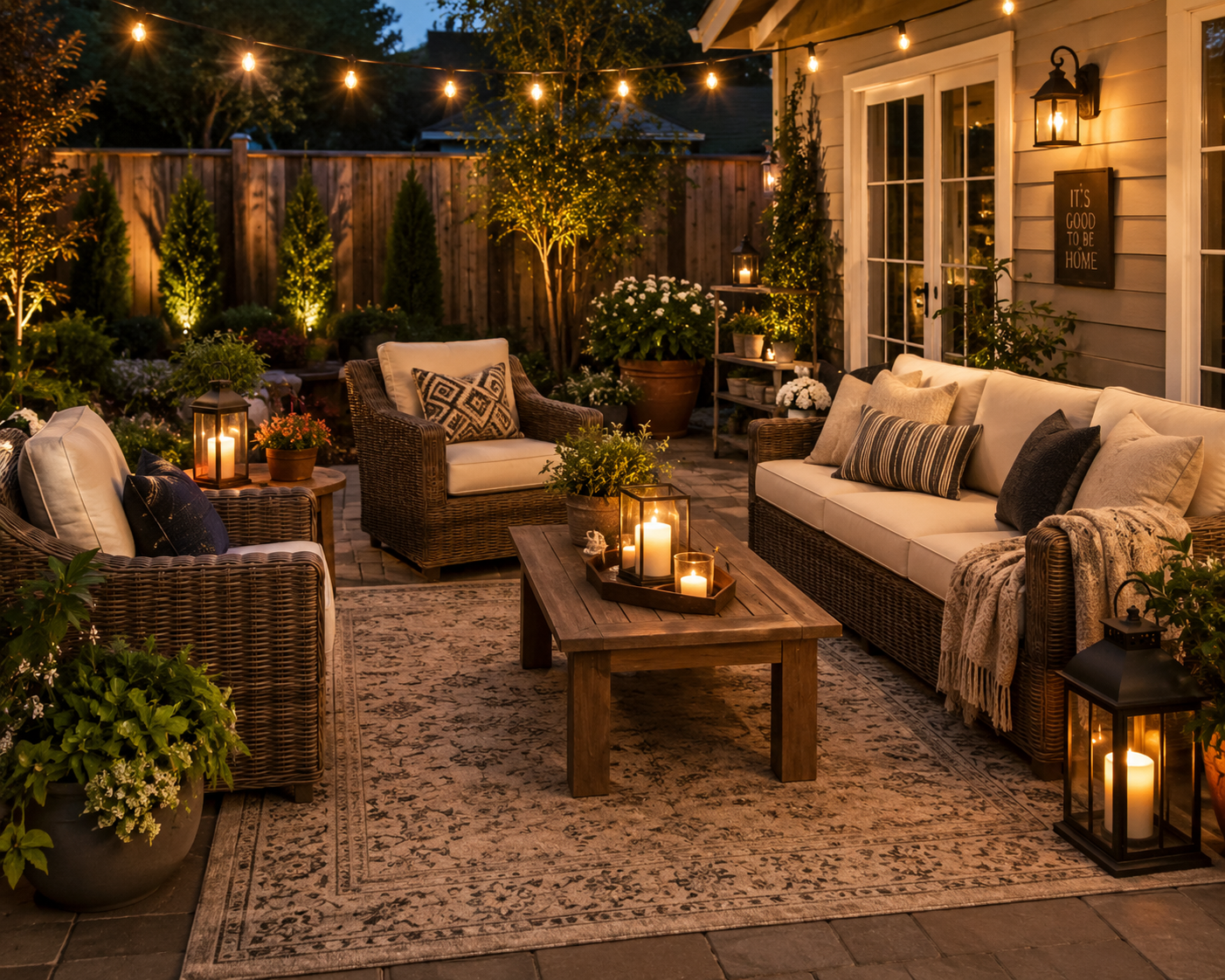 Outdoor patio rug anchoring a cozy seating area with wicker furniture and lanterns