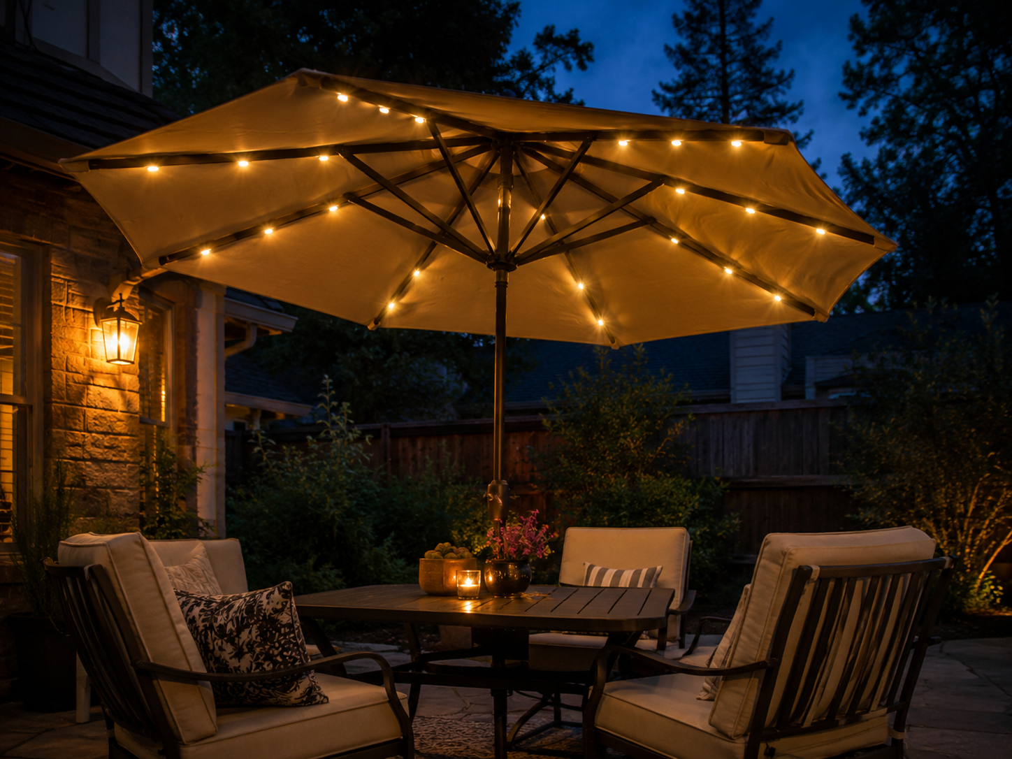 Solar LED patio umbrella glowing at dusk over outdoor seating area in backyard