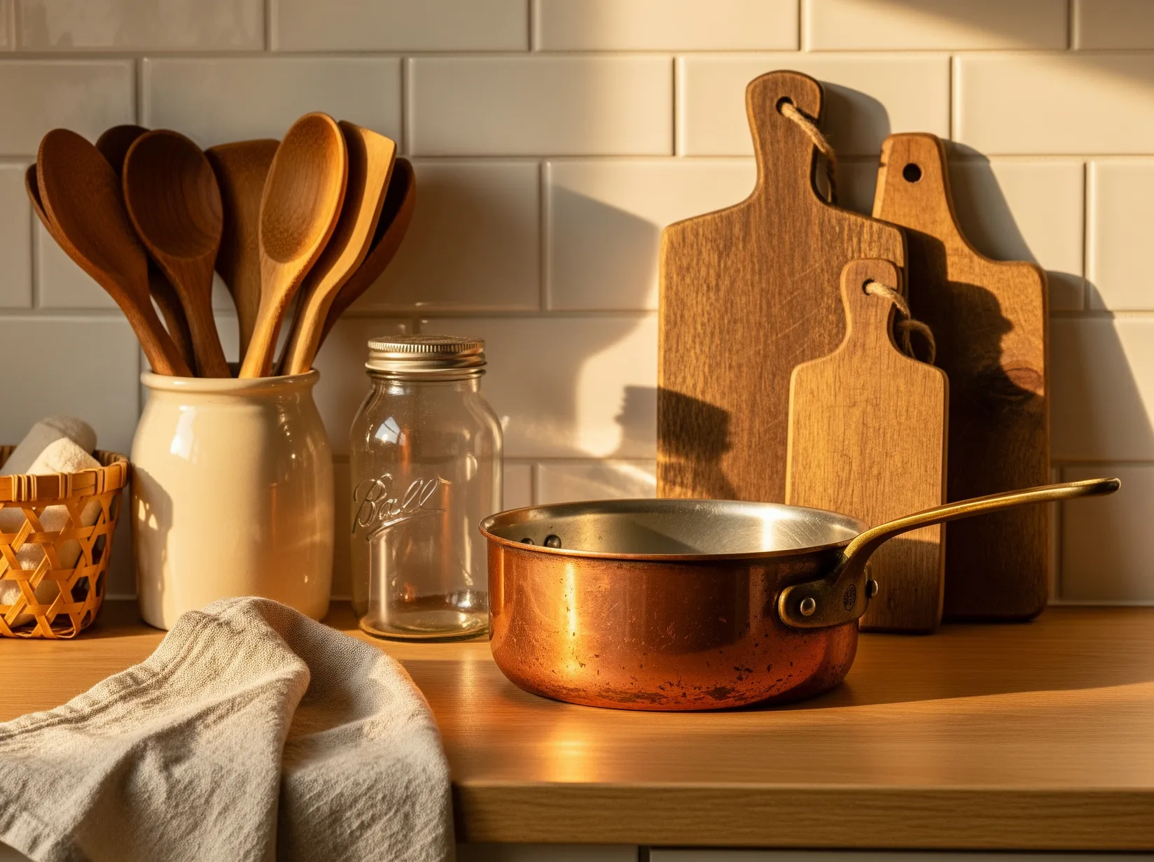 Affordable vintage kitchen decor with copper cookware, wood cutting boards, linen, glass jars, and woven textures