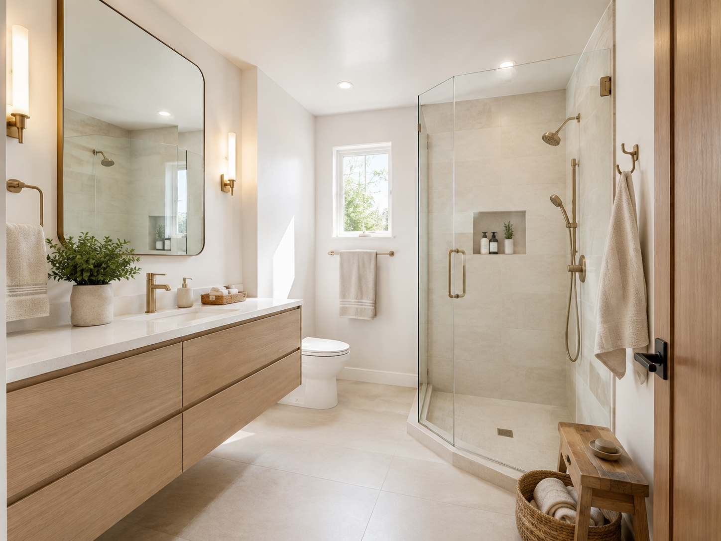 Bright small bathroom with a large mirror, floating vanity and glass shower that makes the room feel bigger